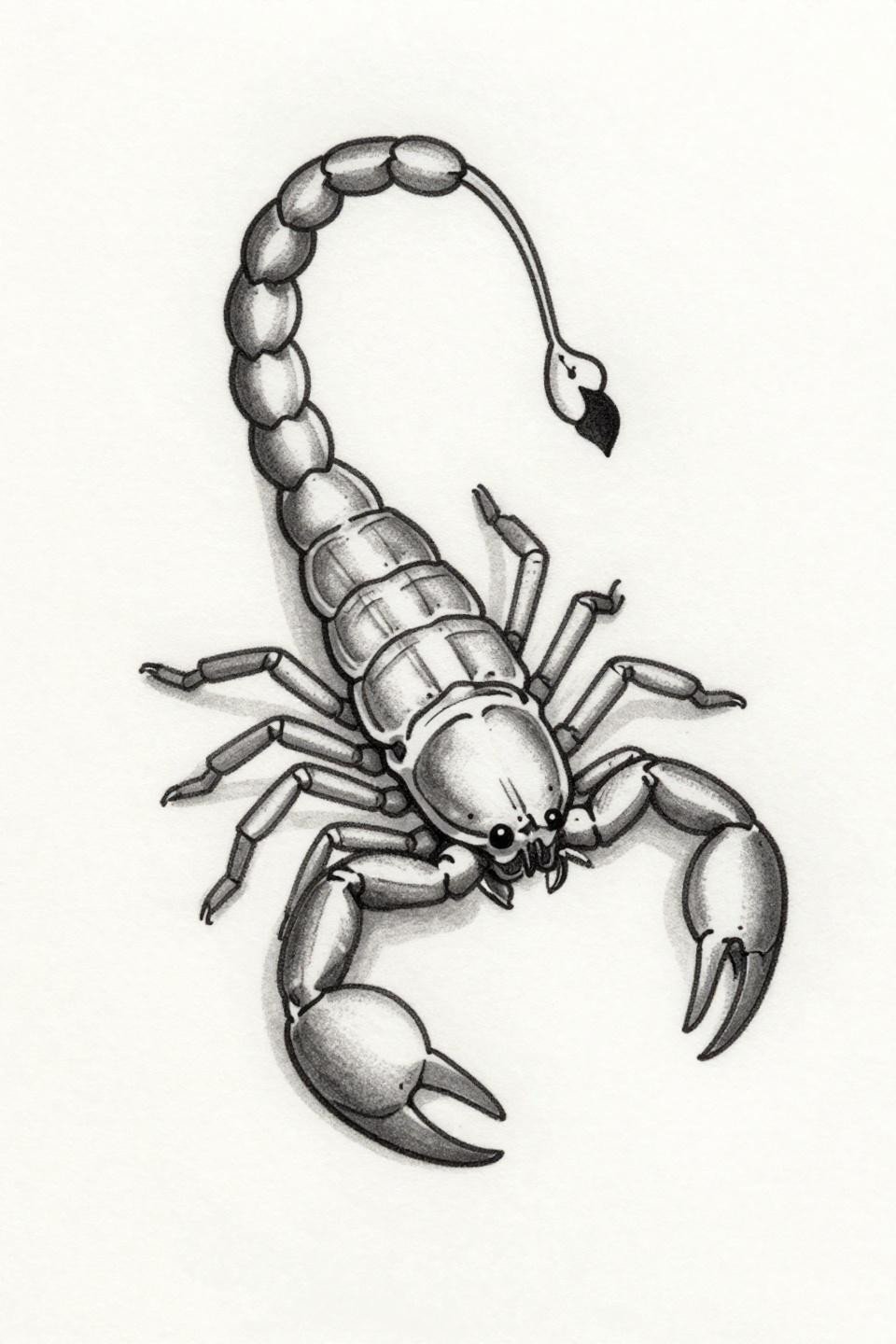 fine line minimalist scorpion tattoo flash, single needle 1RL hairline strokes, open negative space, no fill or grey wash, black ink on white paper