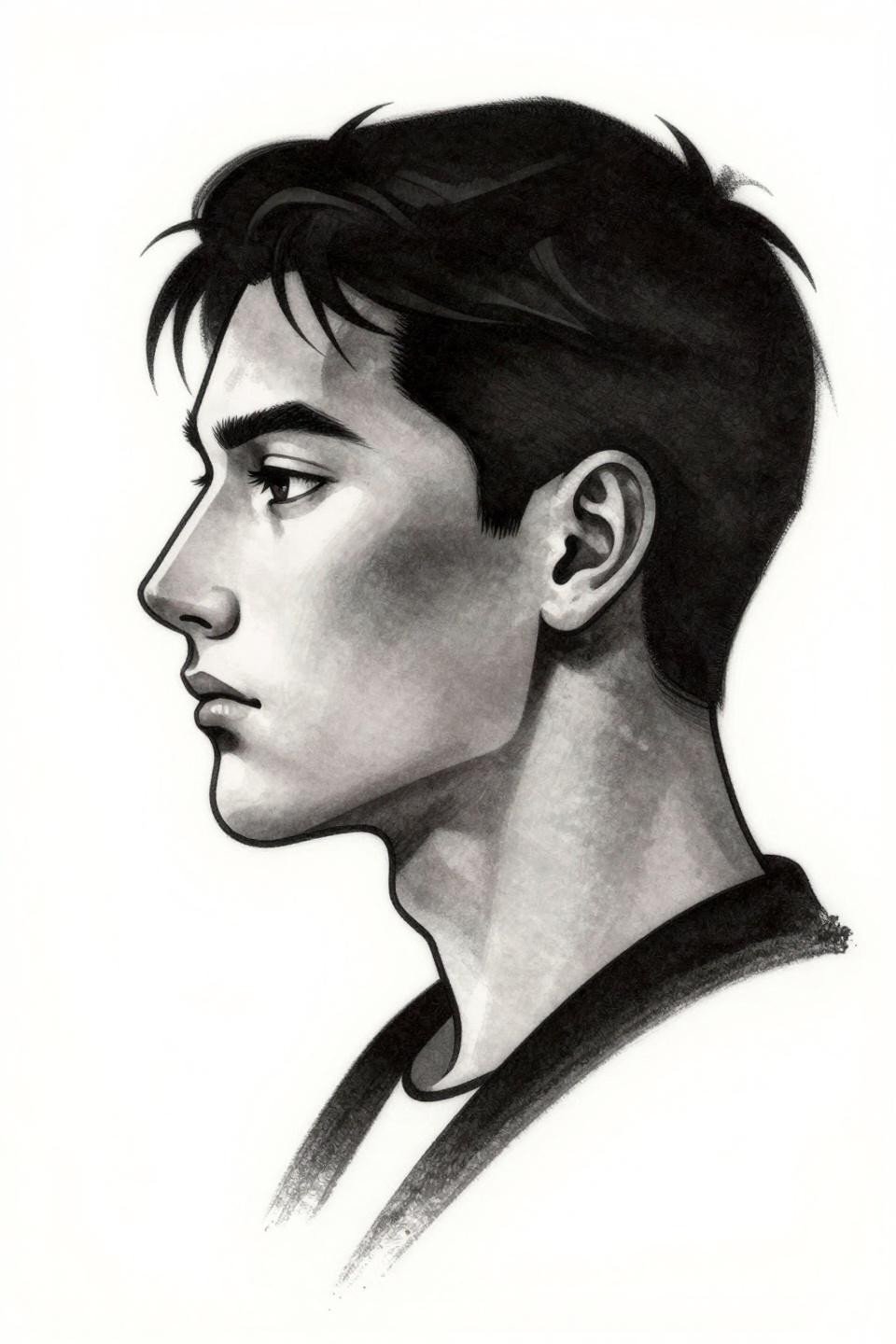 neo-traditional male profile tattoo flash, bold 2-3pt outlines, grey wash dilution for shadow planes, geometric faceted cheekbone and jaw, asymmetric composition weighted left on white paper