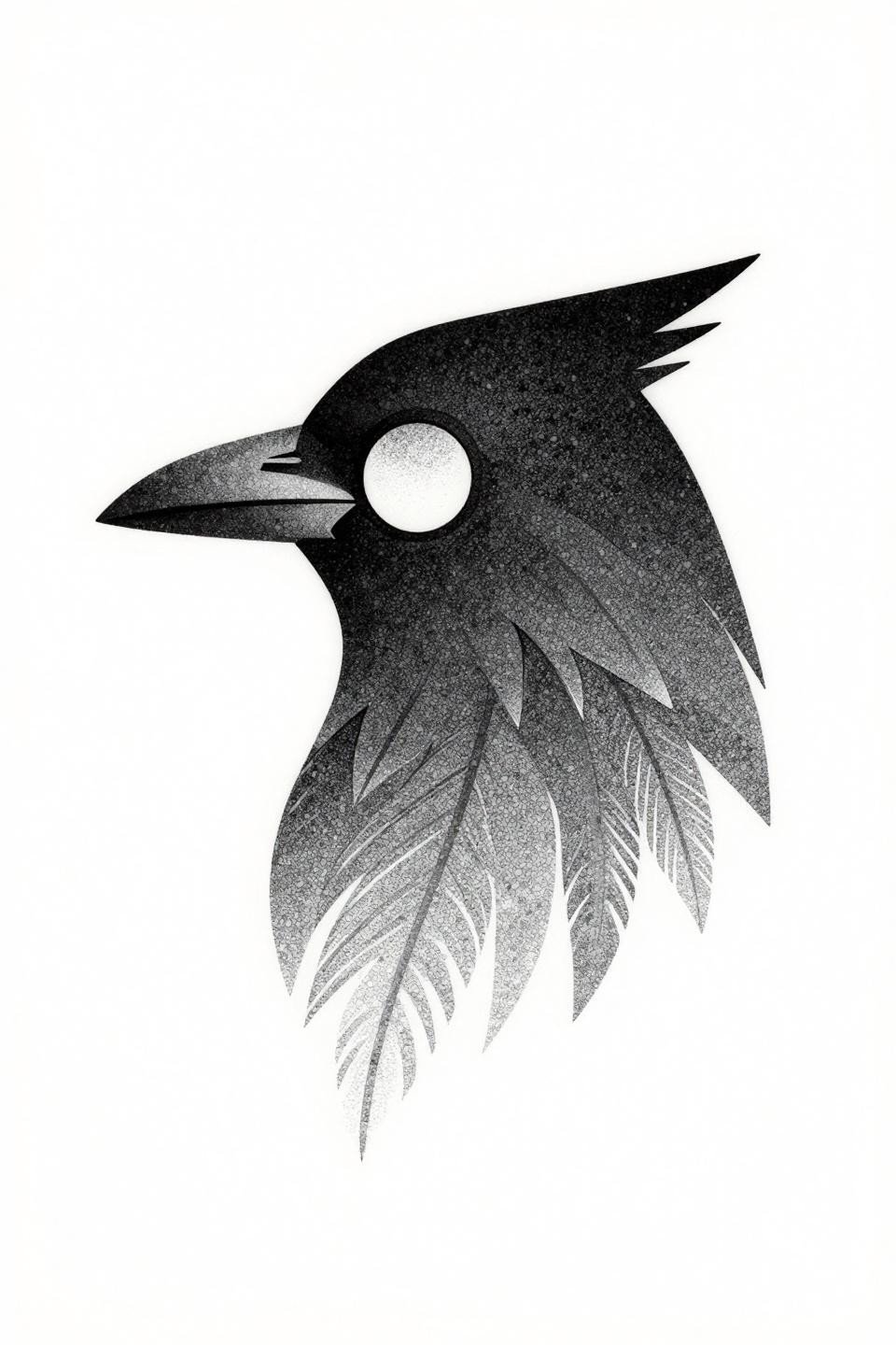blackwork dotwork raven head tattoo flash, stipple gradient dense at core open at edges, no solid outlines, grey wash midtones on white paper