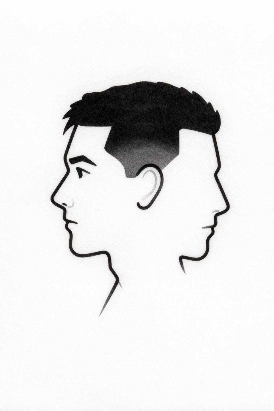 continuous single line male profile tattoo flash, unbroken hairline stroke from forehead to chin, geometric angular jaw, sharp planar cheekbone, no fill or shading, black ink on white paper