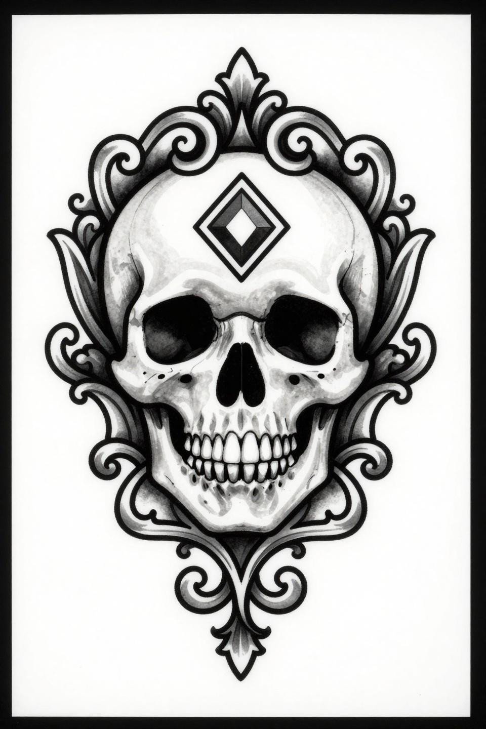 art nouveau baroque skull tattoo flash, bilateral symmetry, bold 2-3pt outlines, filigree scrollwork crown, nested diamond eye orbits, vine tendril mandible, grey wash midtones on white paper