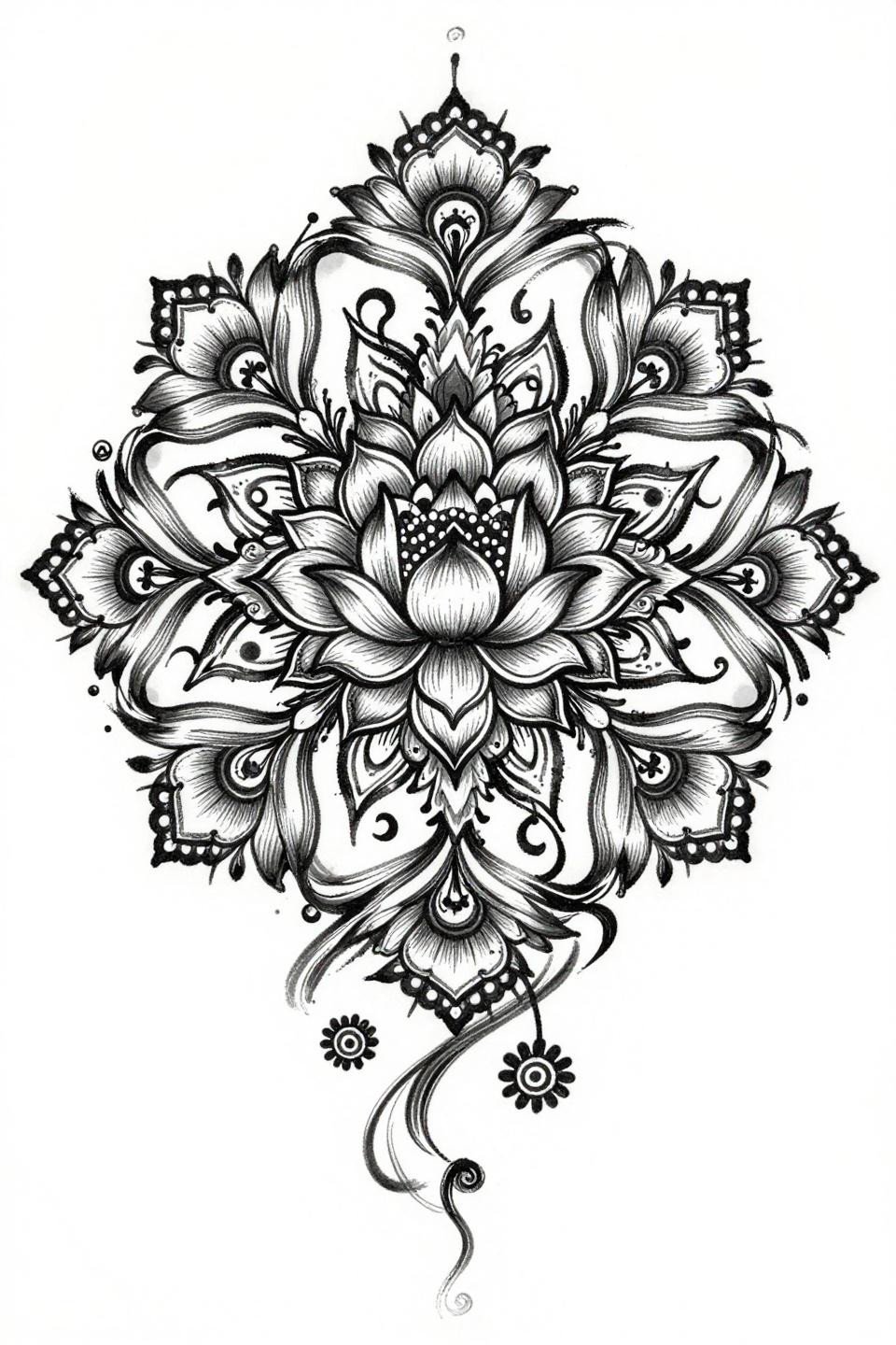 stylish mehndi designs front hand Art Nouveau style henna cuff flash, calligraphic brush marks sweeping curved strokes, interlocking circular paisleys, lotus mandala center, dense black ink