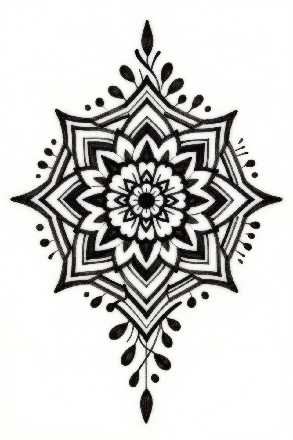 latest trending mehndi designs tribal geometric henna cuff flash, interlocking chevron bands, negative space diamond lattice, bold flat solid black fills, 2-3pt angular outlines no grey wash