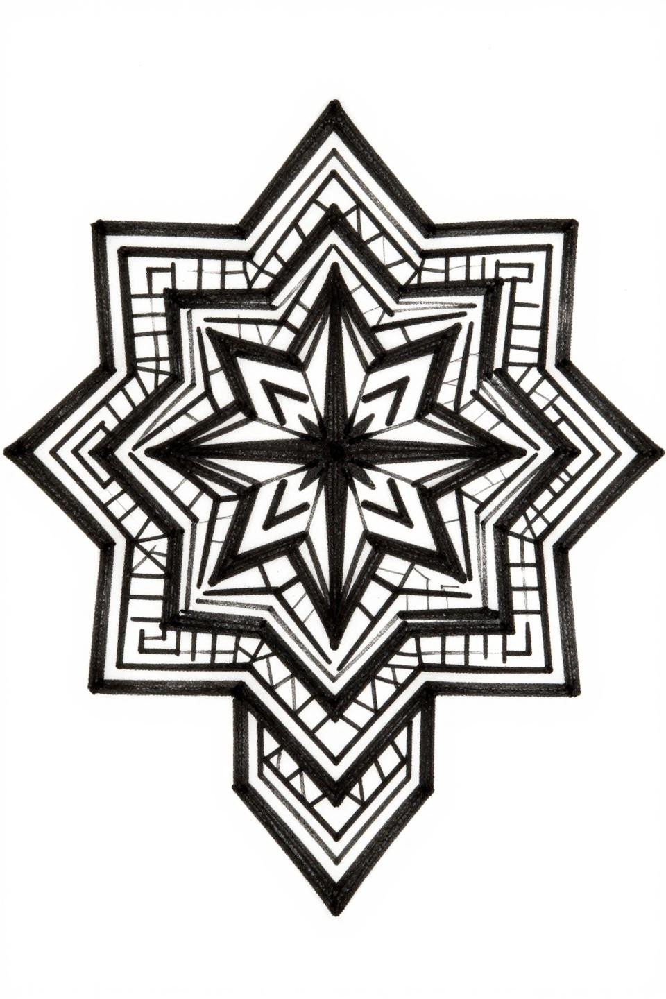 new latest mehndi design art deco style geometric mandala flash, 12-pointed starburst, interlocking triangular maze borders, diamond grid infill, bold flat black fills bilateral symmetry no curves