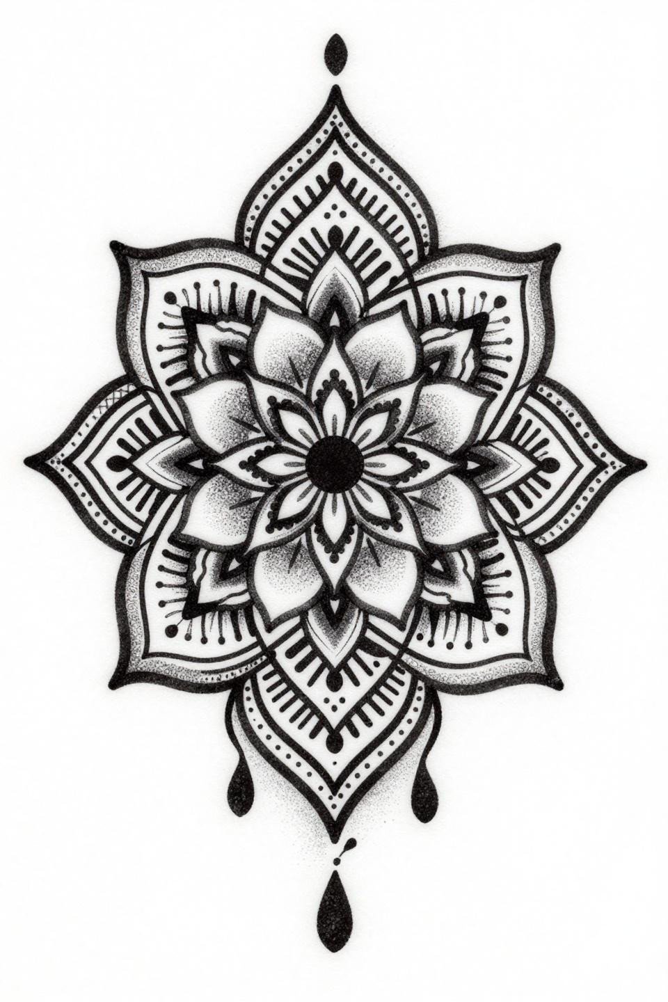 stylish mehndi designs front hand blackwork dotwork henna cuff flash, nested hexagonal mandala, stipple gradient dense center to open edge, teardrop paisley cascade