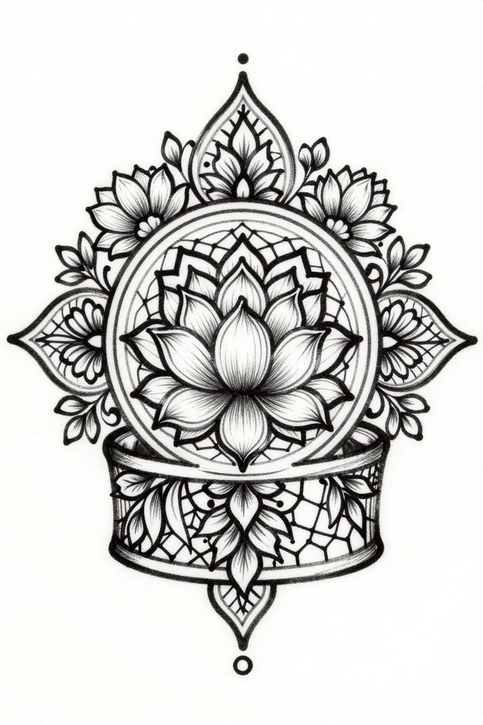 aesthetic mehendi designs single continuous line henna cuff flash, nested lotus calligraphic brush gesture, hexagonal lattice infill, dense black ink on white