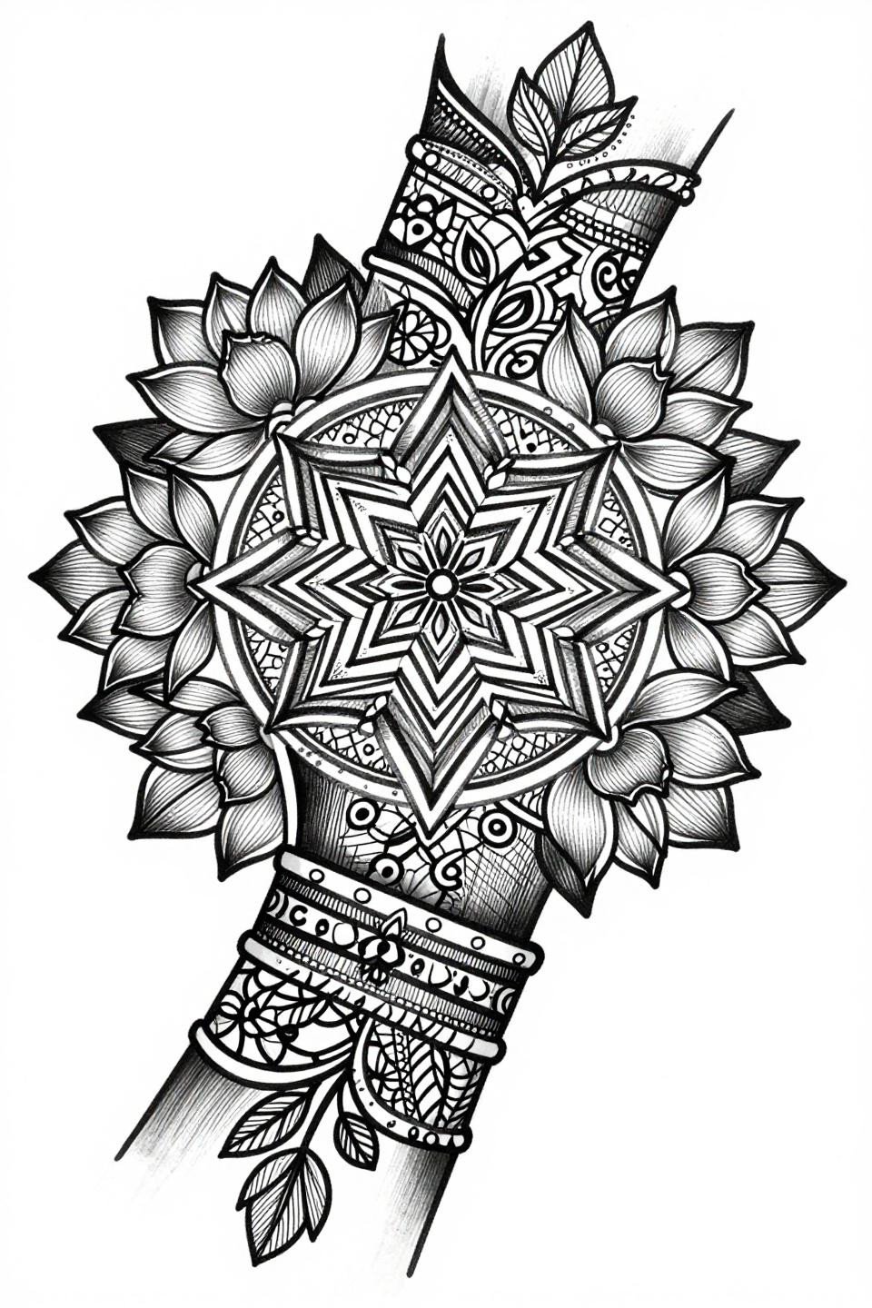 latest stylish mehndi designs Sak Yant sacred geometry style lotus cuff flash, parallel ruled stroke engraving, crosshatch grid infill, bilateral radial symmetry grey wash midtones