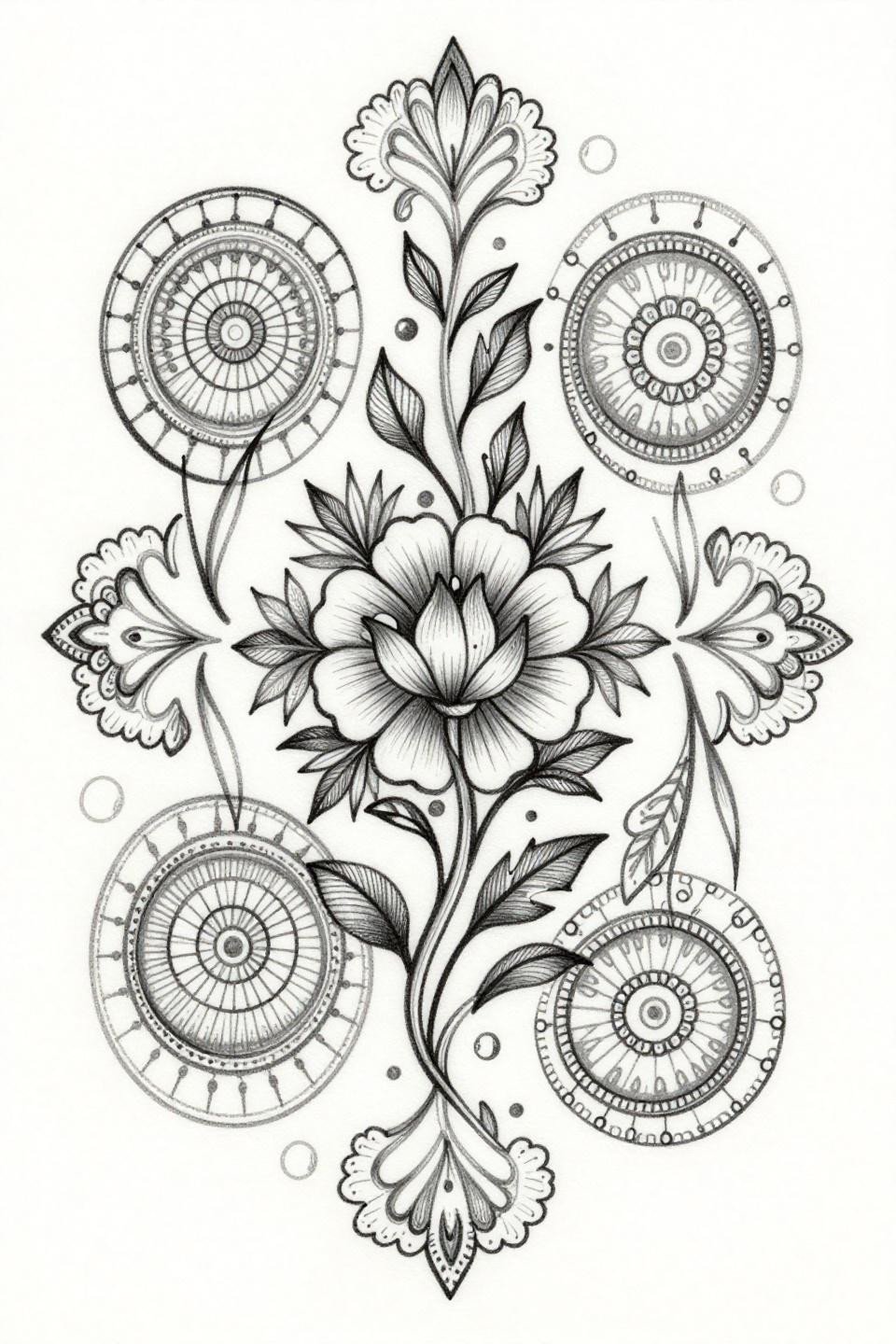 full hand mehndi designs fine line minimal mandala flash, hairline 0.5mm single needle spoke lines, paisley border, bilateral vertical symmetry, grey wash midtones open negative space