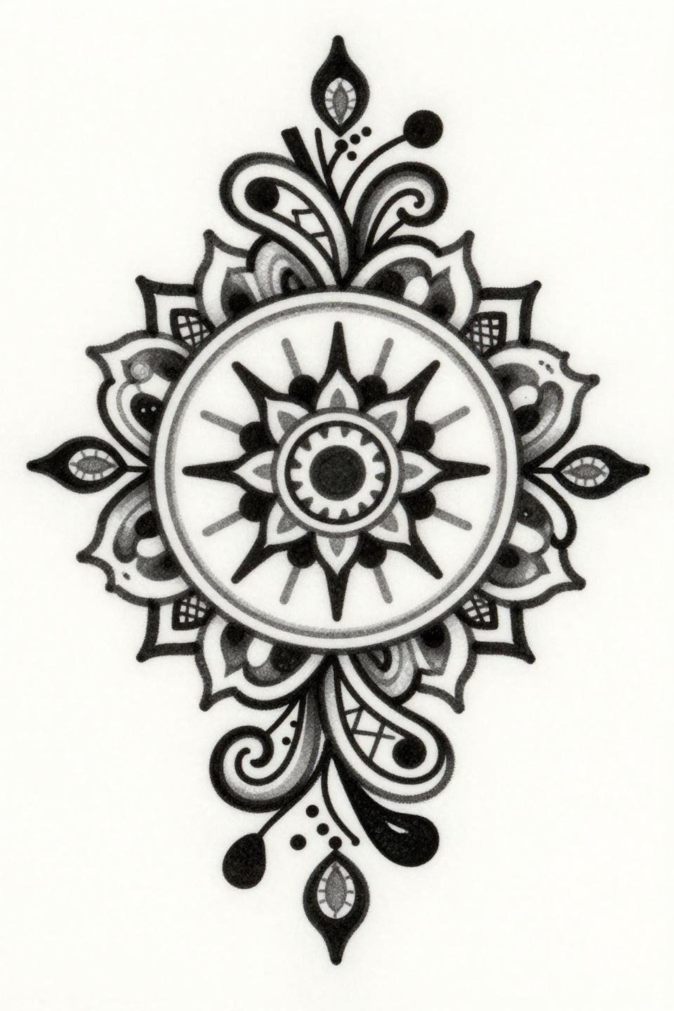 trending mehandi designs ignorant style ornamental cuff flash, wobbly 2-3pt outlines, central sunburst flower, stipple dot gradient negative space