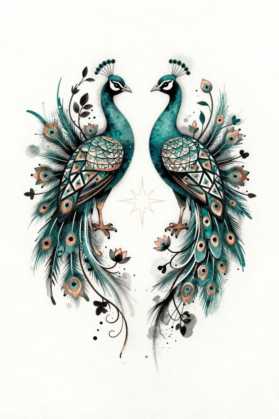new latest mehndi design watercolor splash peacock flash, deep teal and copper metallic ink, calligraphic brush marks, bilateral symmetry diamond tail composition