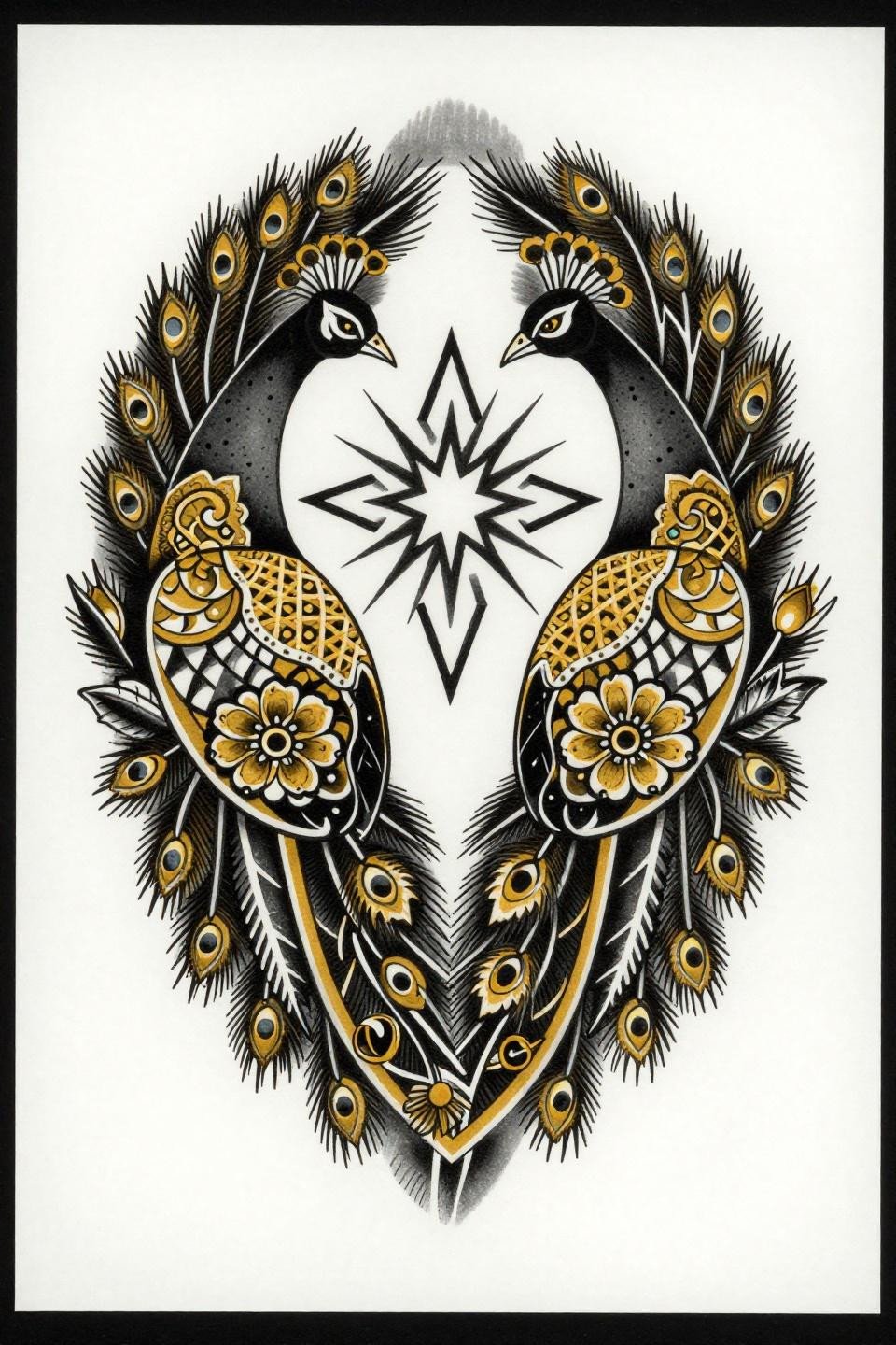 full hand mehndi designs neo-traditional peacock flash, bilateral symmetry, bold 2-3pt outlines, flat gold and black fills, nested floral plumage