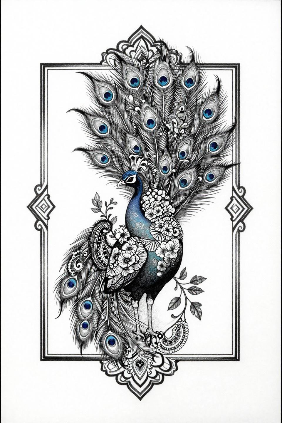 aesthetic mehendi designs botanical scientific peacock henna flash, hairline 0.5mm single needle stipple dotwork, floral tail motifs, interlocking geometric paisley border grey wash midtones