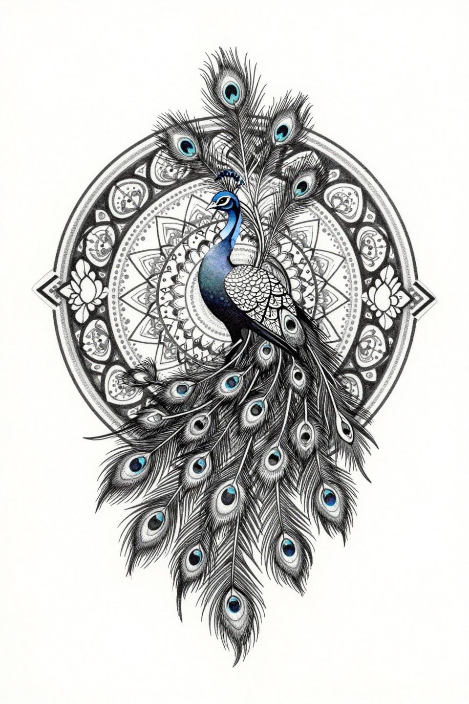 fancy mehndi designs botanical stipple peacock mandala flash, fanned tail radiating into circular frame, interlocking circular mandala cuff border, stipple dense center open edge grey wash