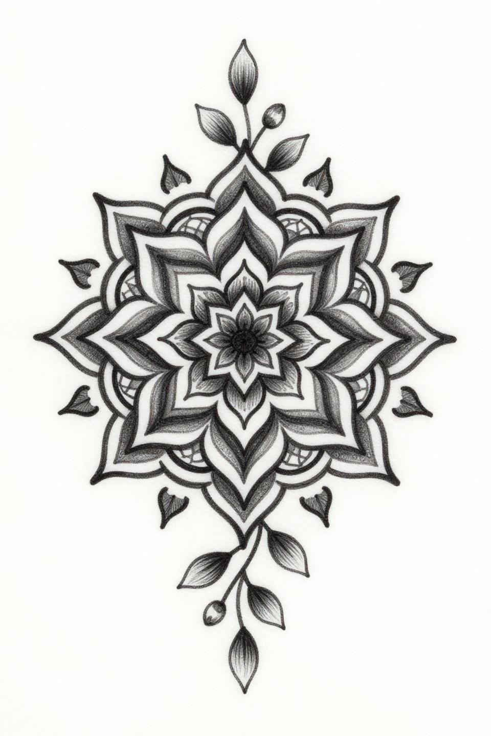 latest trending mehndi designs chicano grey wash mandala cuff flash, 6-petaled lotus center, whip shading curved strokes, dense-to-open grey dilution