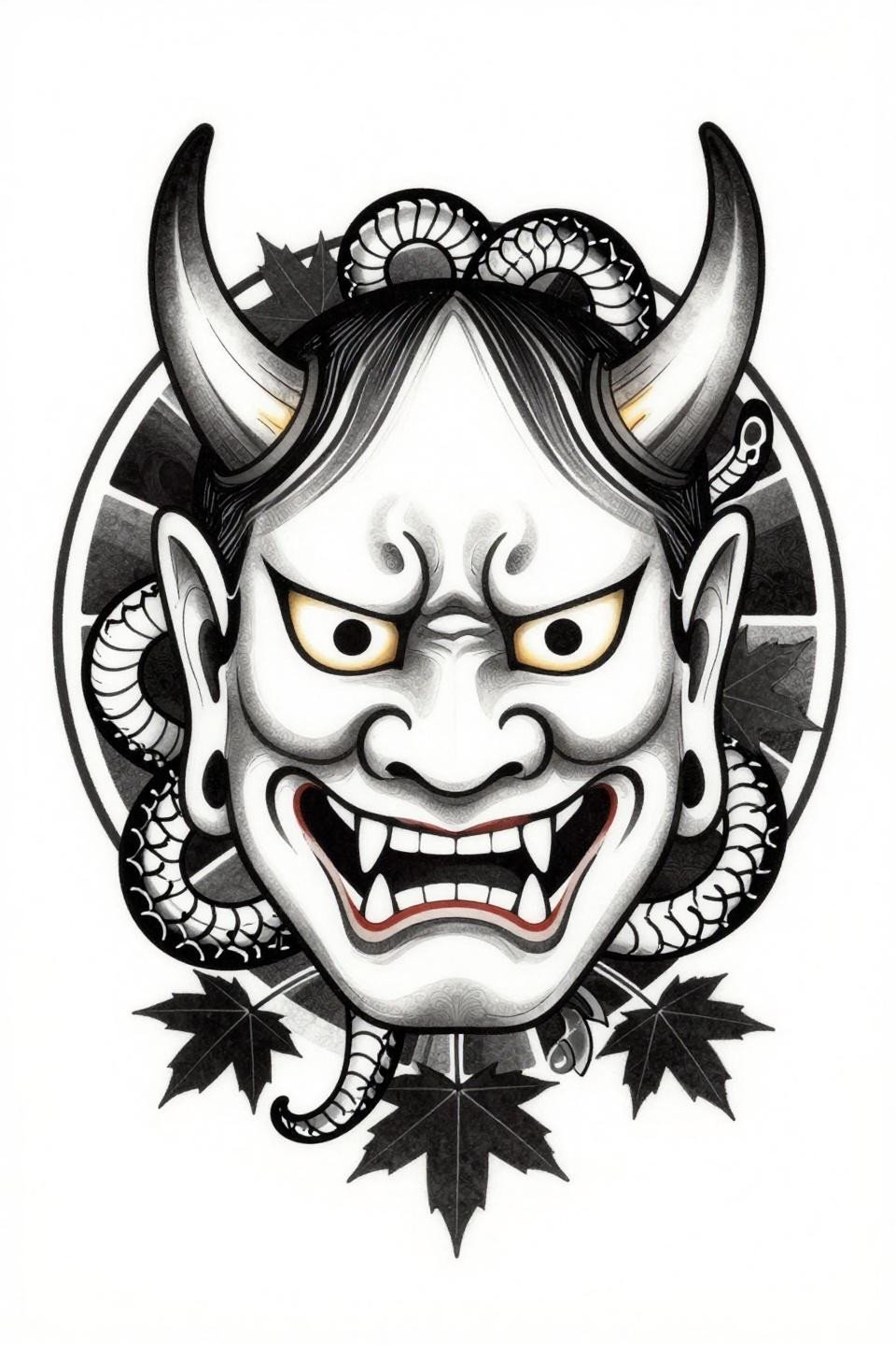 yakuza tattoo Hannya mask irezumi flash Japanese back tattoo reference, spiral horns geometric facial markings serpent maple leaf border, bold 2-3pt outlines flat ink fills circular mandala bilateral symmetry