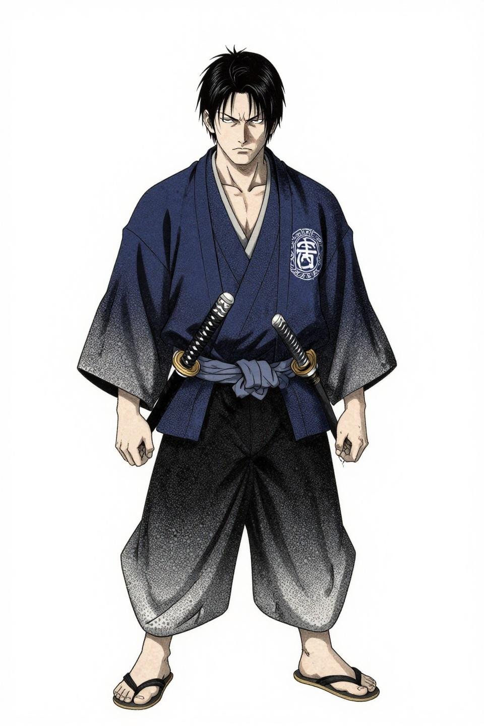 yakuza tattoo irezumi blackwork dotwork flash, yakuza enforcer indigo haori jacket, stipple dot gradient dense core open edges, no grey wash