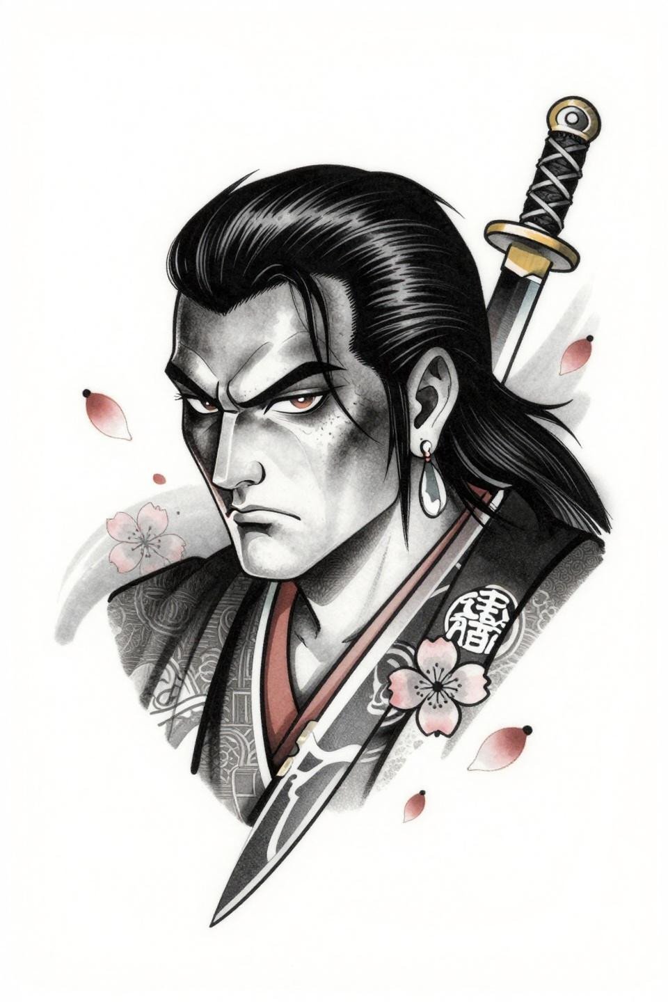 yakuza tattoo irezumi grey wash flash chicano style, yakuza boss sharp profile scar tissue, whip shading curved gradients dense black to open grey, cherry blossom scatter