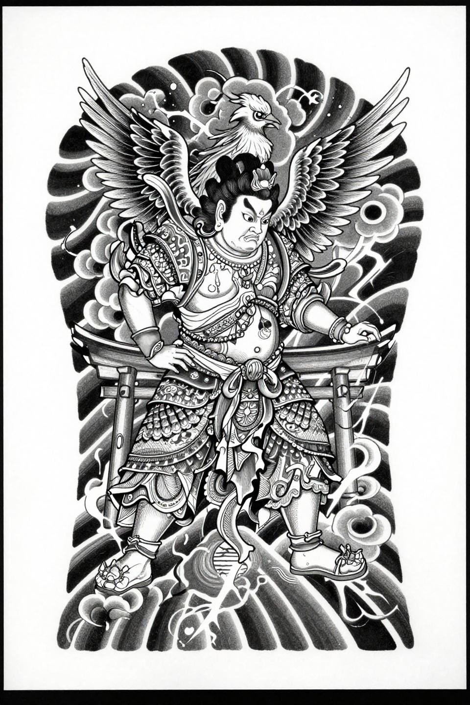 yakuza tattoo irezumi guardian flash Japanese tattoo art, temple guardian deity phoenix rising torii gate, fine parallel line engraving dense hatching grey wash midtones vertical composition