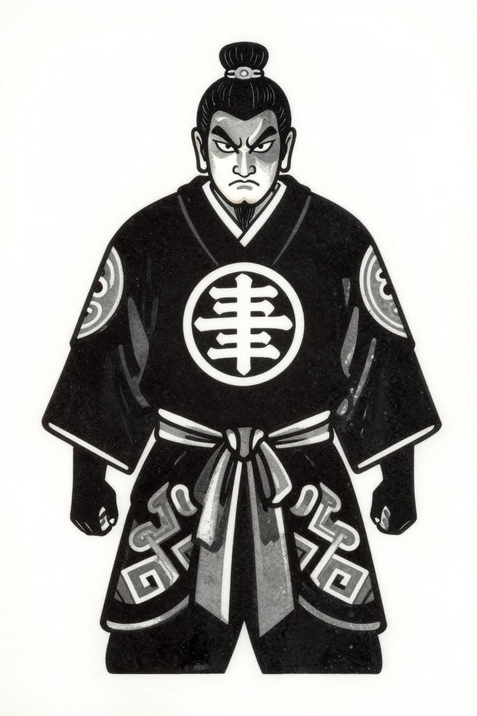 yakuza tattoo irezumi woodcut flash, oyabun figure bilateral symmetry, thick linocut carved lines flat black silhouette, zero midtone grey wash