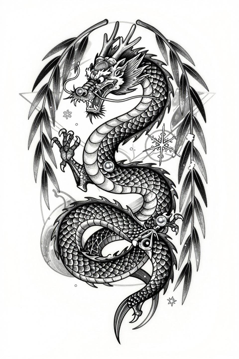 yakuza tattoo Japanese dragon irezumi Sak Yant style flash, descending dragon pearl clutched claws willow branches snowflakes, sacred geometry frame bold outlines flat black fills