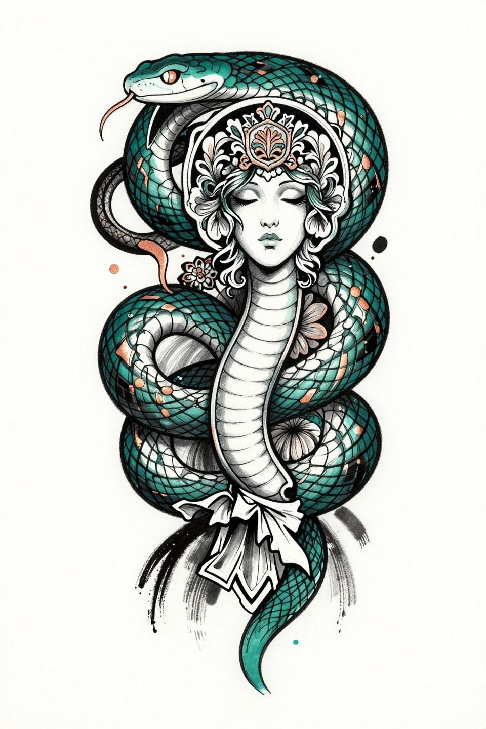 yakuza tattoo irezumi flash, art nouveau coiled serpent with mon crest medallion, deep teal ink copper metallic accent, calligraphic wet ink line quality