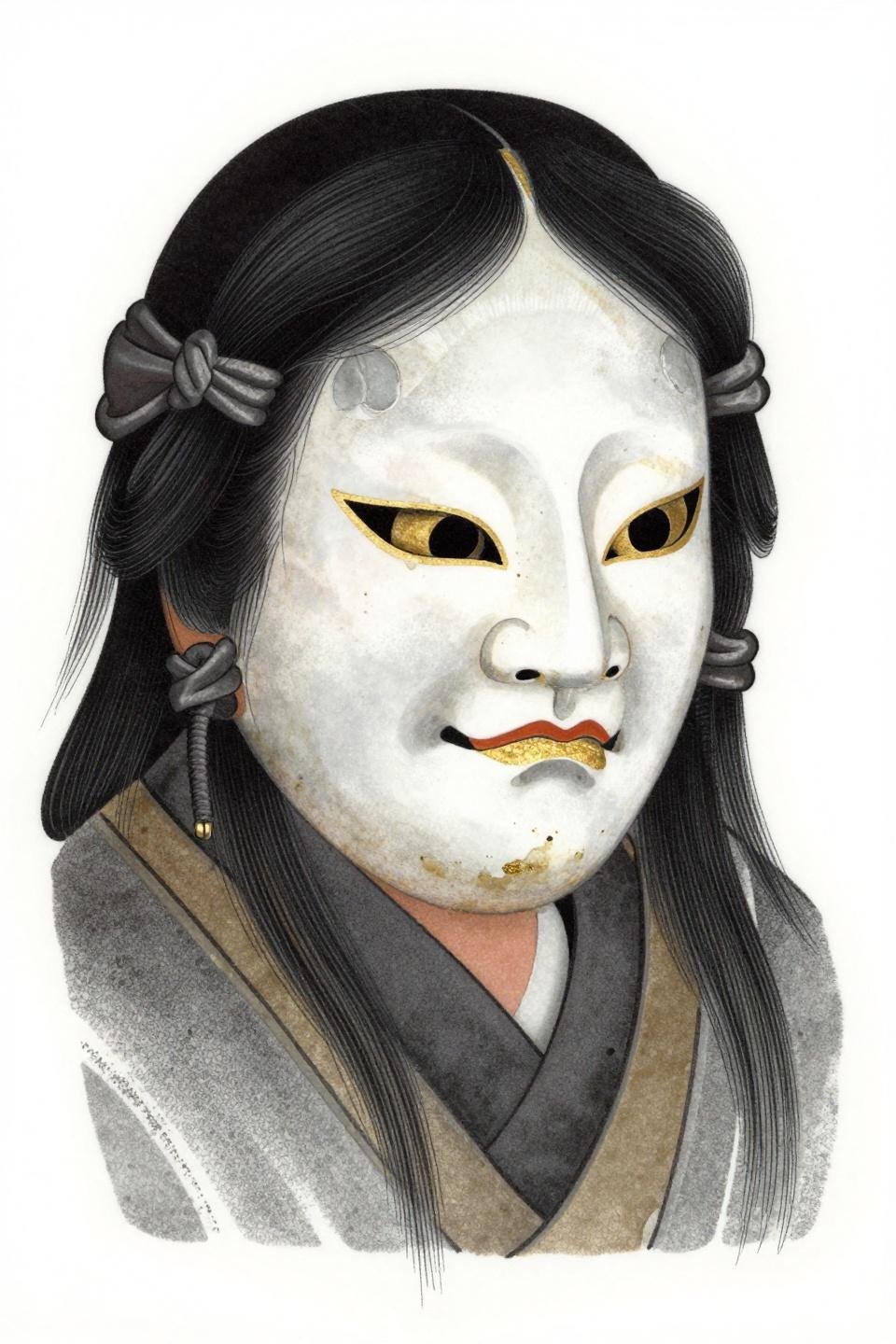 yakuza tattoo Japanese mask irezumi flash, Noh theater mask porcelain finish hollow eye sockets gold leaf inlay, stipple dot gradient dense carved recesses open raised surfaces