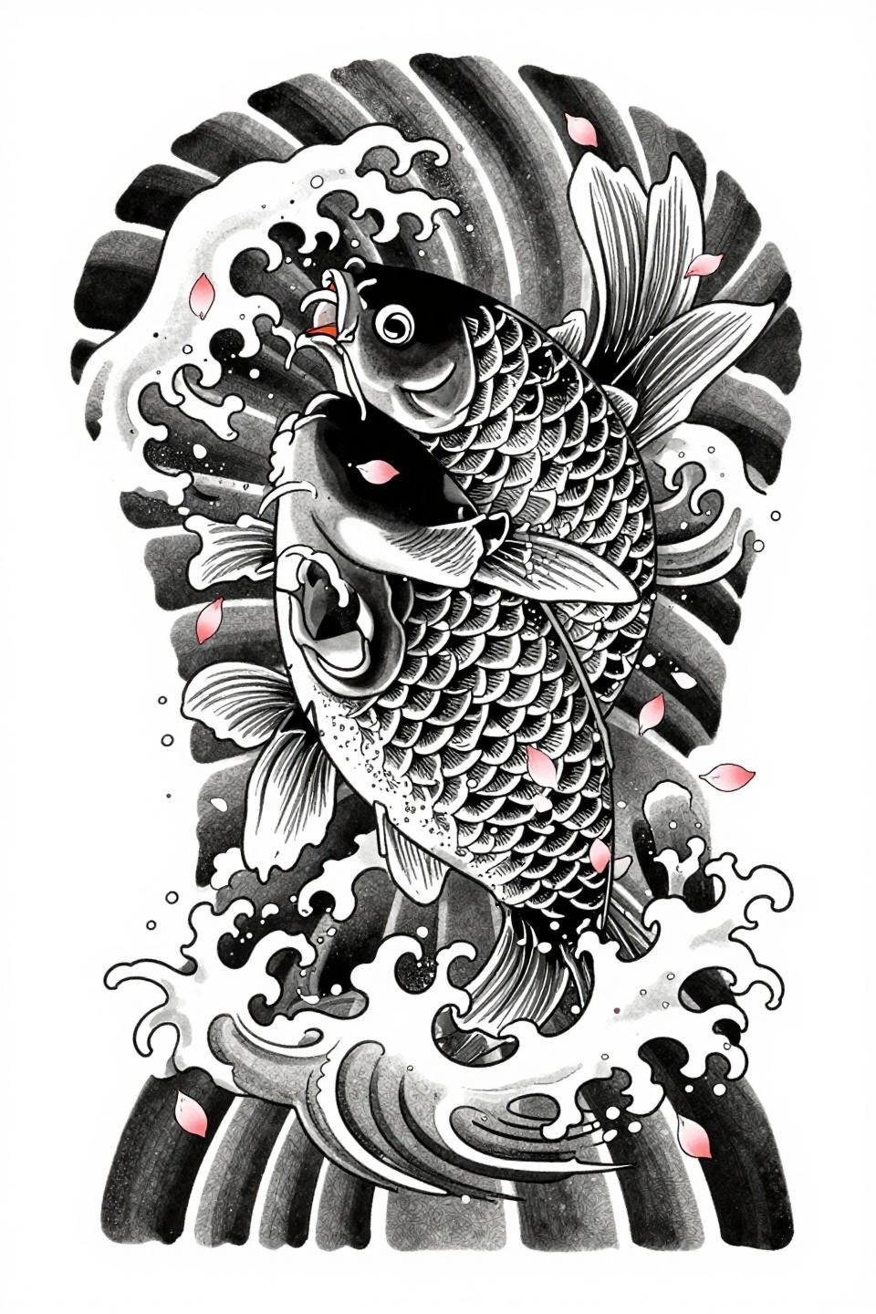 yakuza tattoo koi irezumi flash sleeve reference, koi ascending turbulent waves crosshatch etching strokes overlapping scales, bold black outlines dense ink build-up grey wash omitted