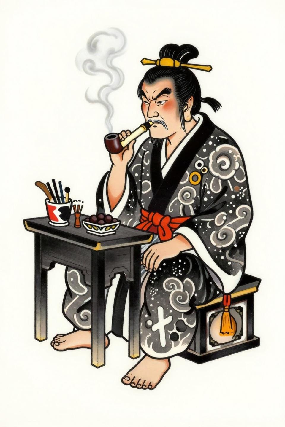 yakuza tattoo neo-traditional flash, yakuza elder seated seiza shrine altar, bold 2-3pt black outlines flat color fills, grey wash midtones diamond frame