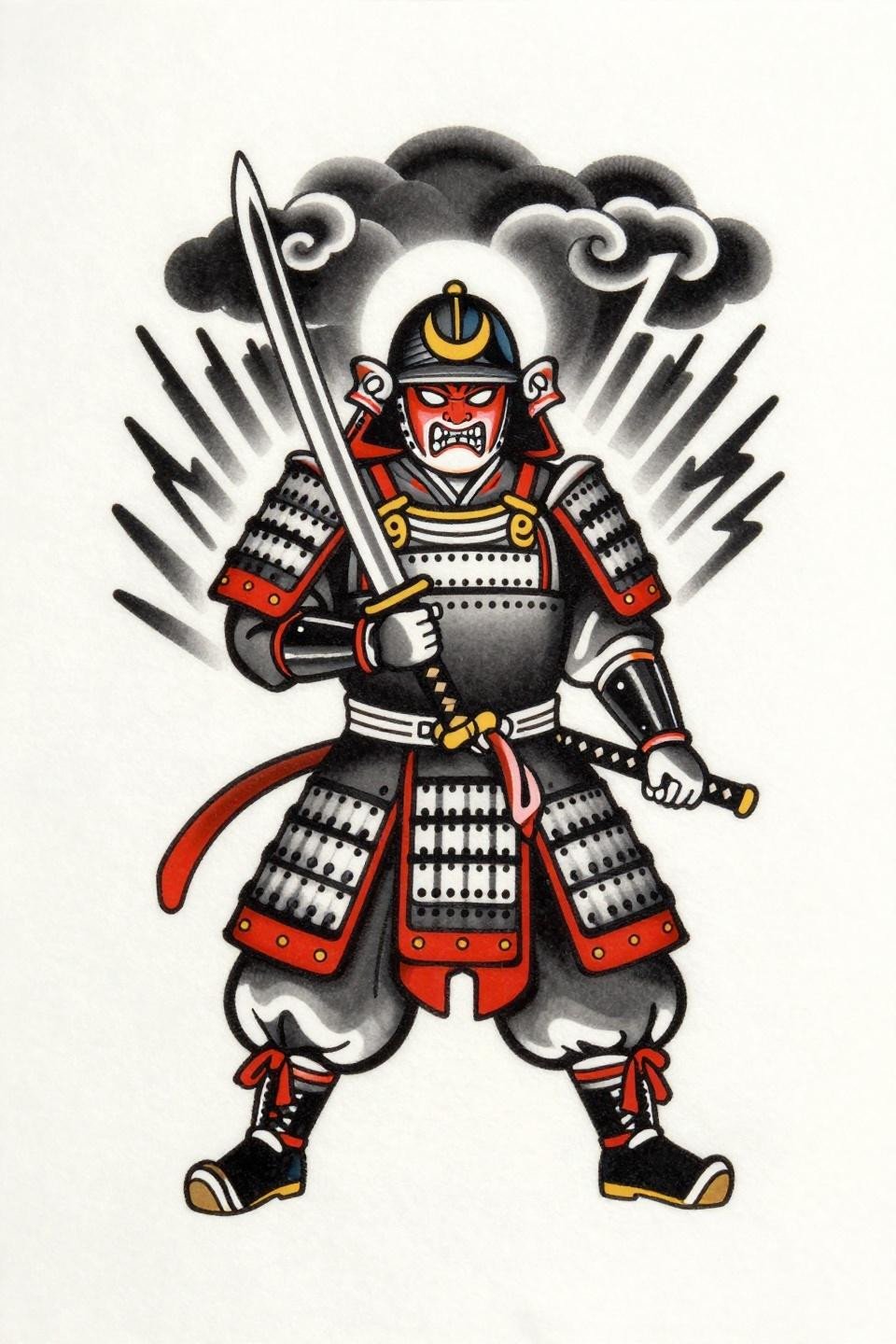 yakuza tattoo samurai warrior flash American traditional old school, kabuto helmet crescent moon crest, bold 2-3pt outlines flat crimson red black fills, centered storm cloud lightning