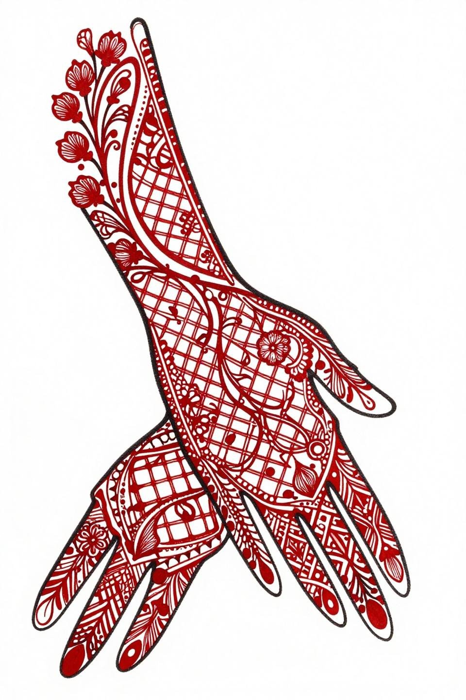 Arabic henna art nouveau lace flash, interlocking hexagonal grid, vine tendrils through negative space, floral buds at intersections, flat crimson red accent fills, asymmetric diagonal flow