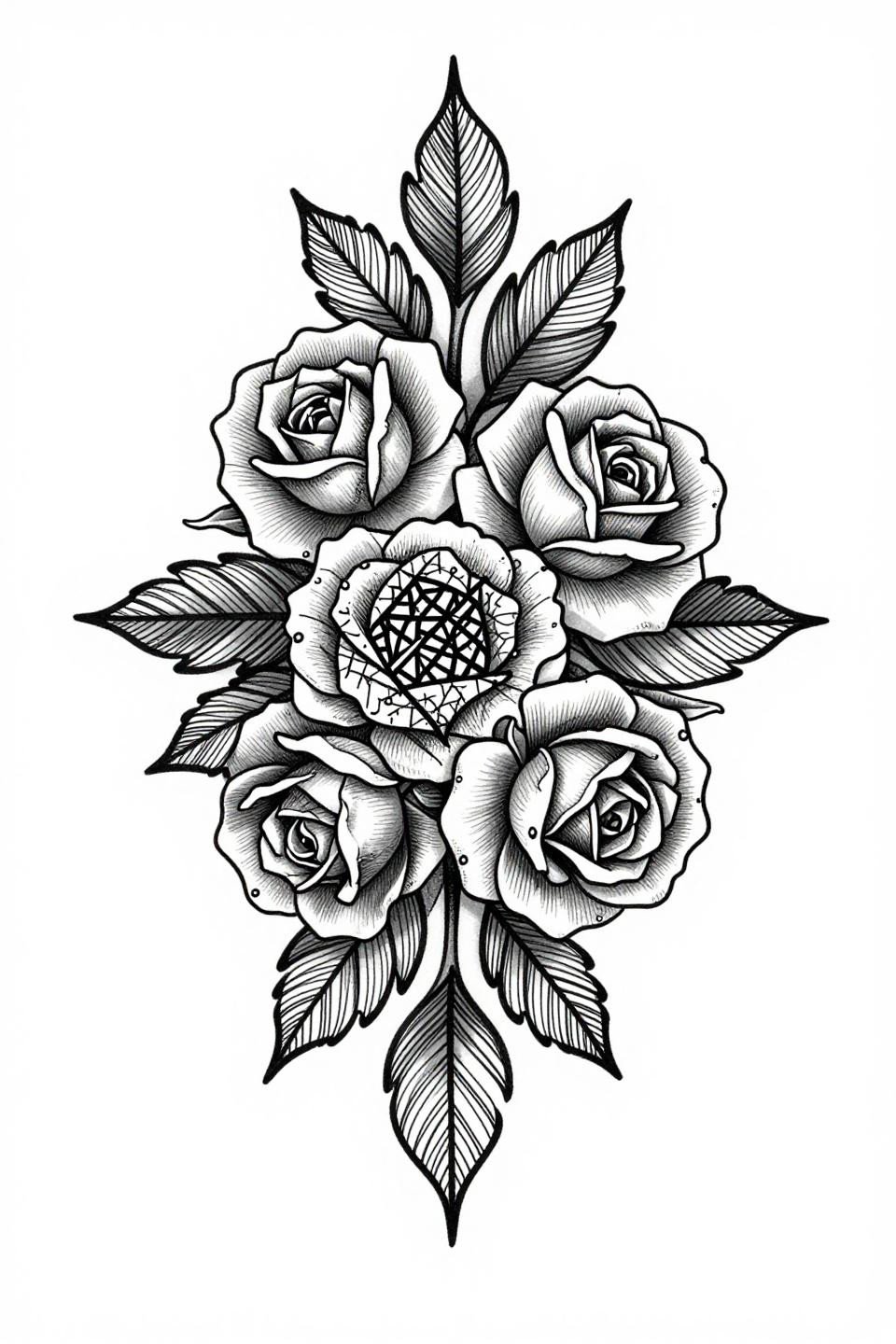 Arabic henna botanical flash, botanical scientific style, nested rose blooms with crosshatch centers, stem lattice asymmetric diagonal, crosshatch etching shading, parallel shadow lines, grey wash midtones