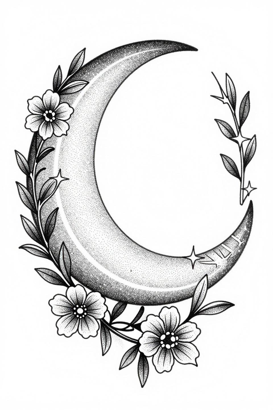 Arabic henna dotwork crescent flash, pure stipple dense at core radiating to open negative space, bilateral floral vine scrolls, zero grey wash, black on white