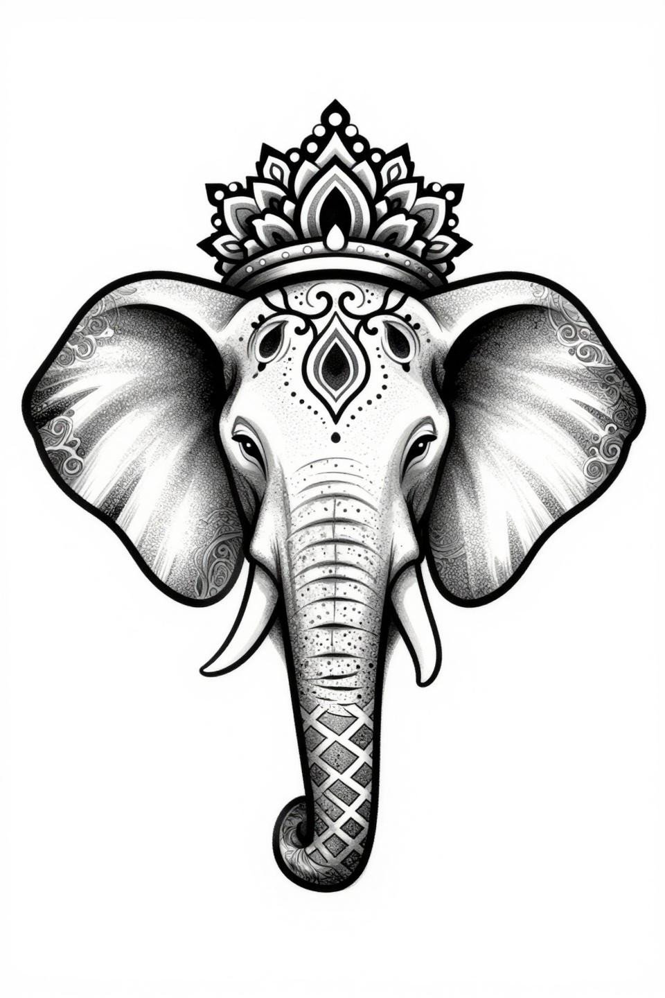 Arabic henna elephant dotwork flash, mandala crown, bilateral floral vine scrollwork, stipple dot gradient dense at core open at edges, black on white