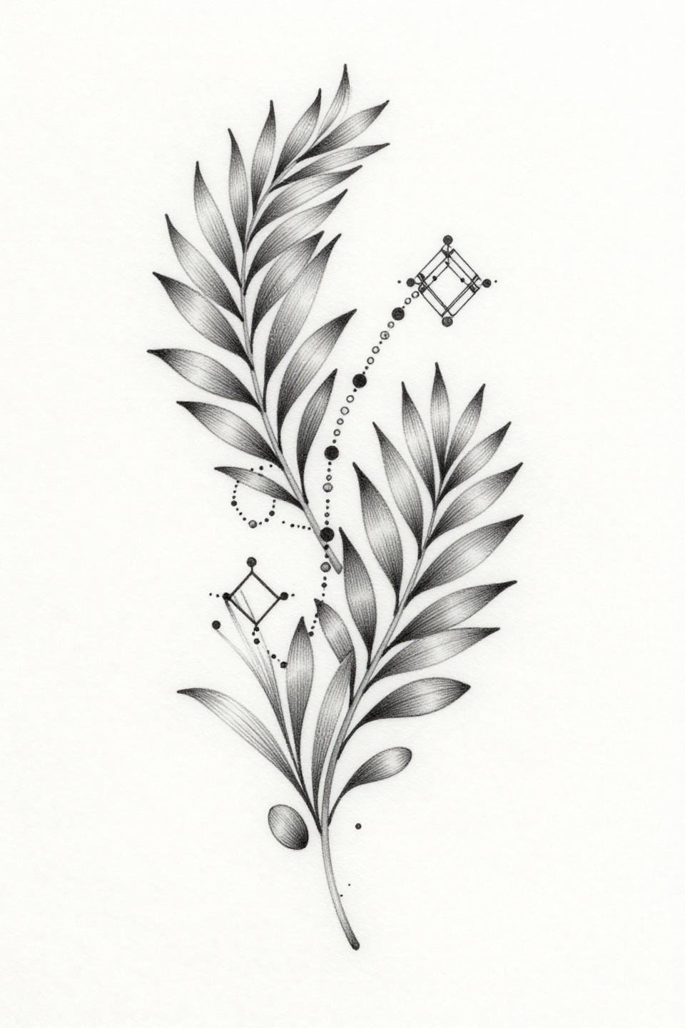 Arabic henna fine line minimal flash, cascading teardrop palmettes, chain lattice diamond nodes, hairline 0.5mm single-needle strokes, open negative space, black on white