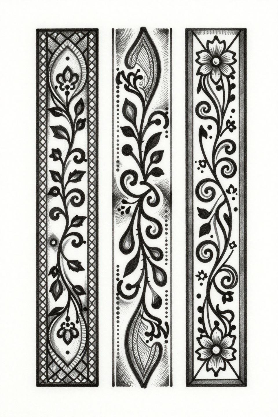 Arabic henna geometric lattice border stripe flash, etching woodcut style, crosshatch shadow blocking, vine spirals with teardrop buds, black on white