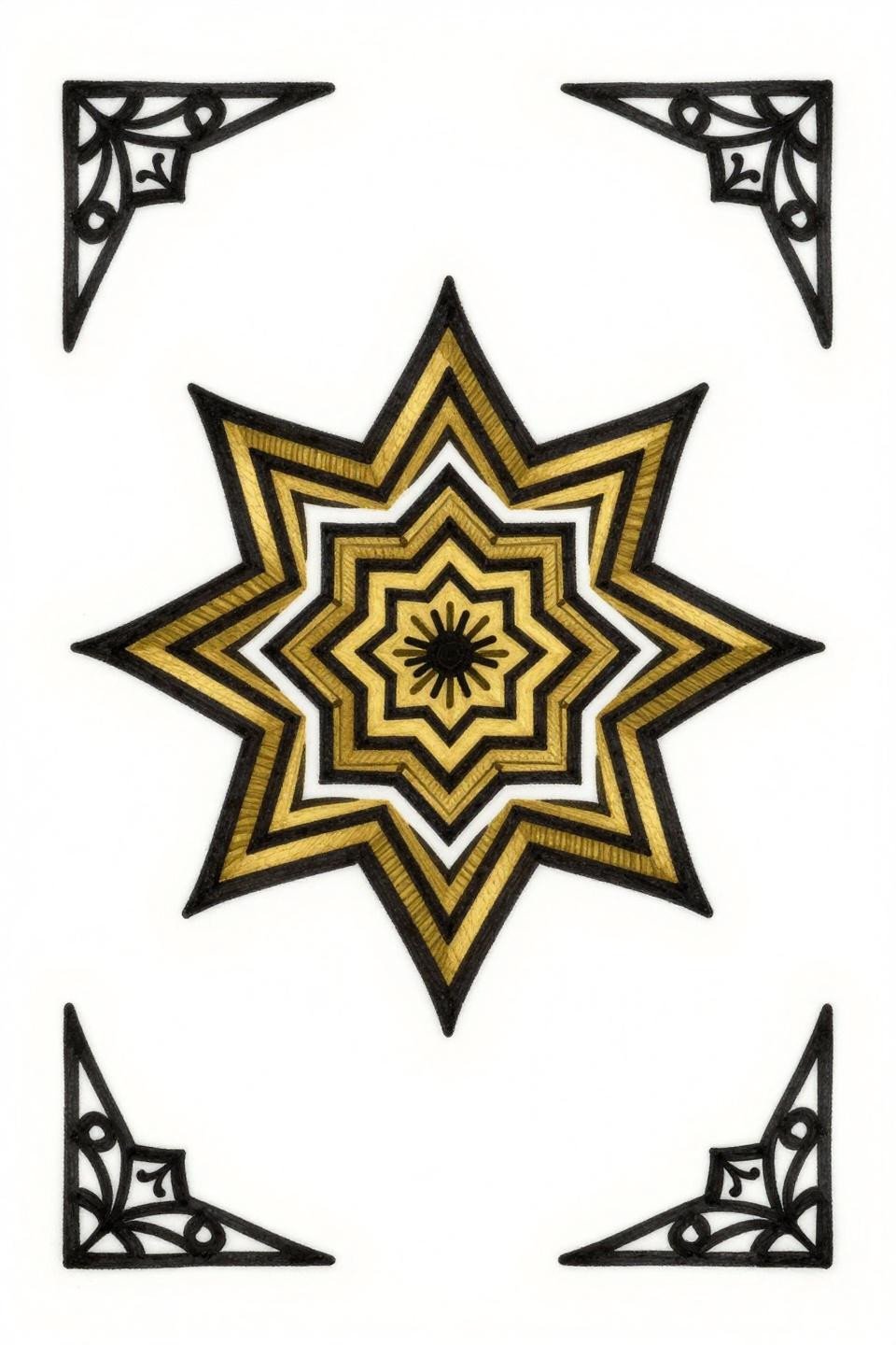 Arabic henna geometric starburst flash, tribal style, octagonal star hub, nested diamond lattice infill, bold 2-3pt black outlines with flat gold fills, diamond frame composition