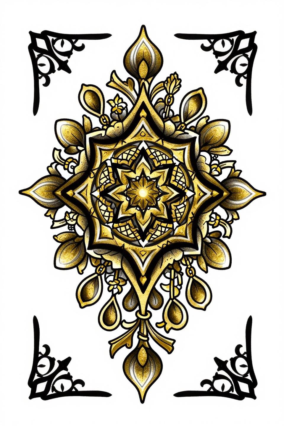 Arabic henna mandala neo-traditional flash, octagonal hub, bilateral vine scrollwork, nested teardrop palmettes, bold 2-3pt black outlines with flat gold fills
