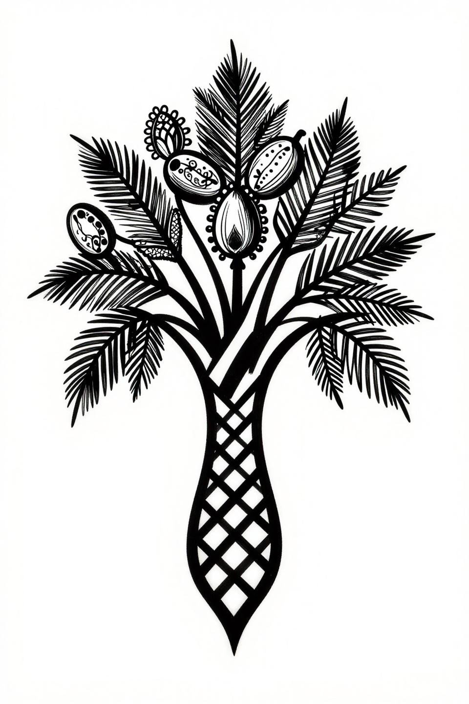 Arabic henna palm tree geometric flash, tribal style, lattice trunk, frond arcs, lace filigree infill, hard negative space carving, bold 2-3pt outlines, dense black on white