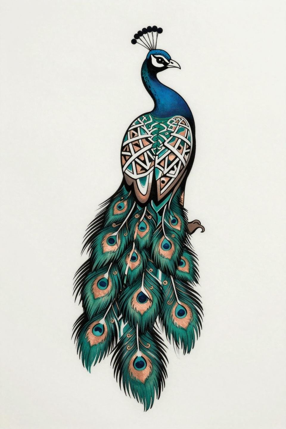 Arabic henna peacock art deco flash, side profile, geometric lattice feather panels, vine scrollwork, bold 2-3pt outlines, deep teal and copper metallic on black