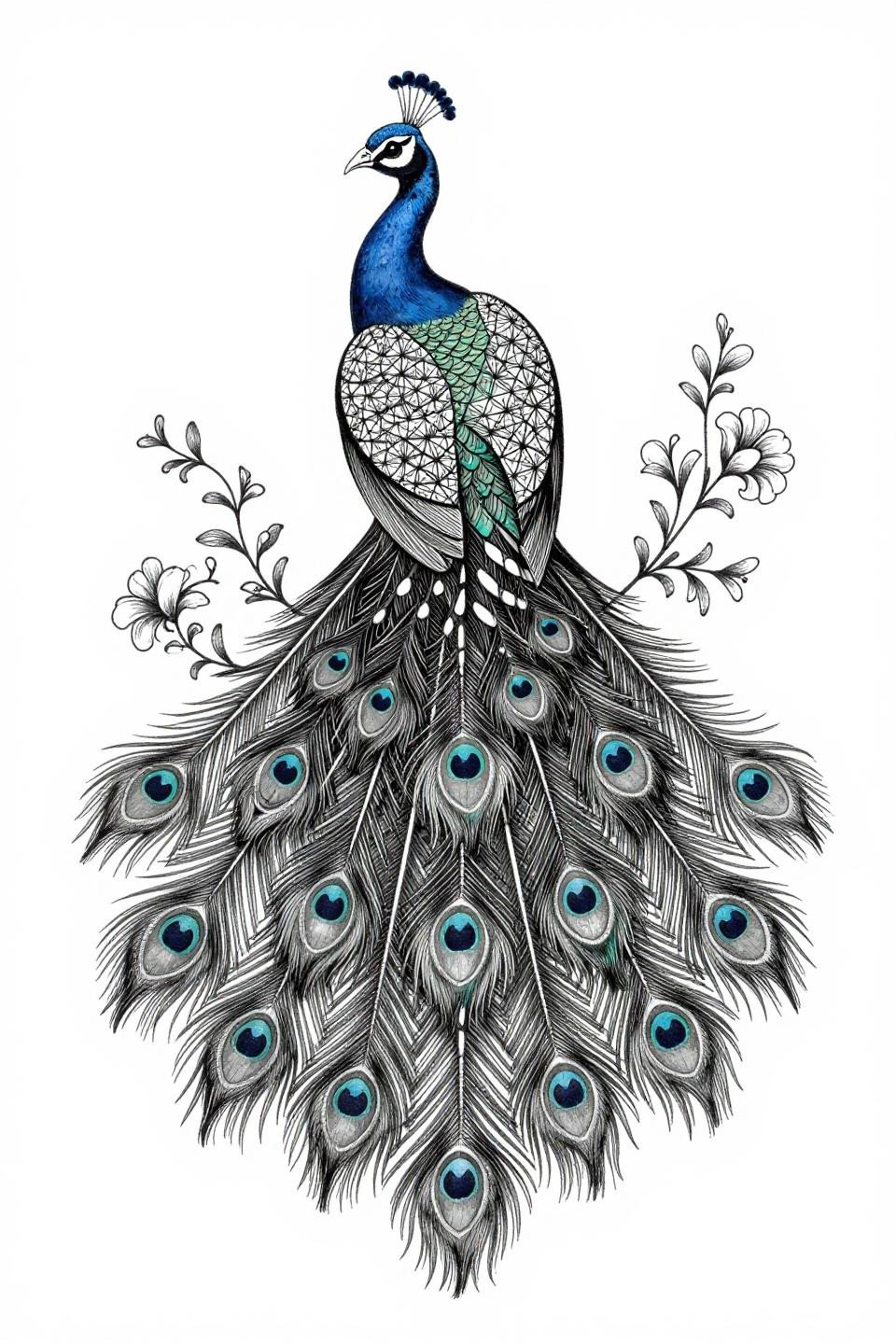 Arabic henna peacock botanical etching flash, full display tail fanned wide, paisley-filled eye spots, geometric diamond lattice plumage, hairline 0.5mm single-needle strokes, no grey wash, black on white