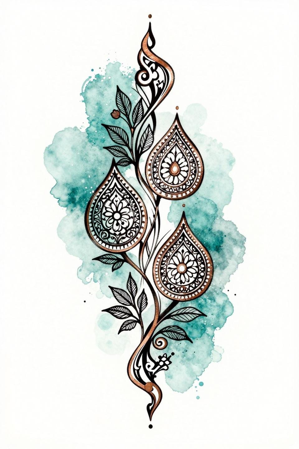 Arabic henna watercolor splash style flash, vine lattice with teardrop medallions, teal wash bleeding behind fine linework, copper metallic accent, asymmetric diagonal composition