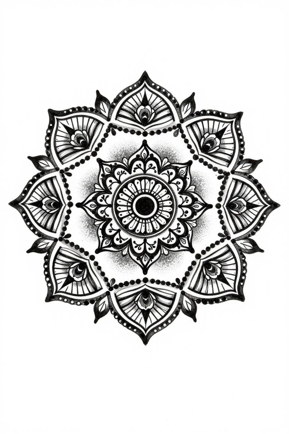 Arabic henna mandala Sak Yant style flash, nested concentric circles, floral teardrop motifs radiating outward, stipple dot gradient dense at center open at edges, grey wash, black on white