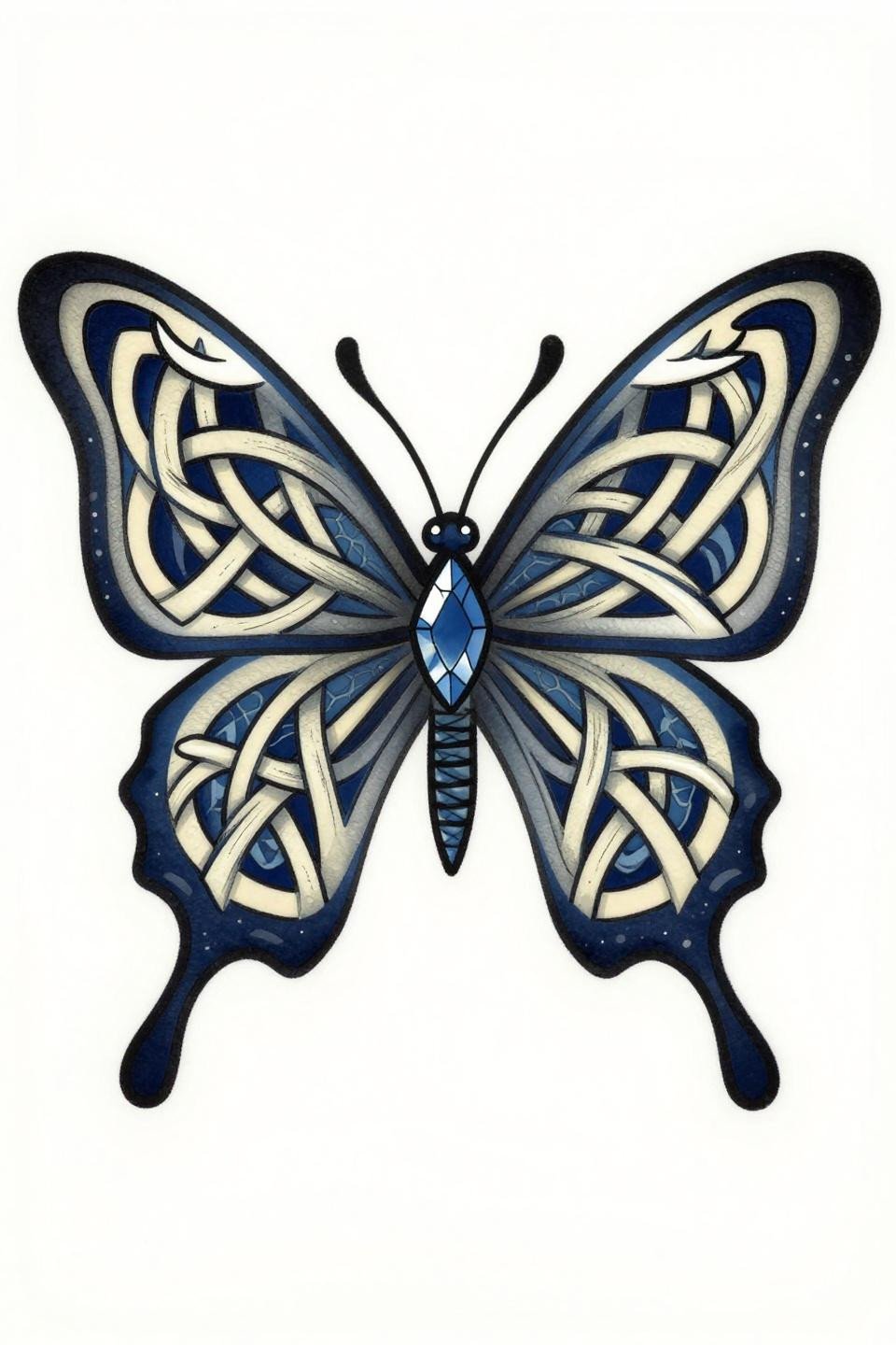 baddie back tattoos celtic knotwork butterfly flash, interlocked hexagon tessellation wings, navy and cream flat fills, bold 2-3pt black outlines, bilateral symmetry