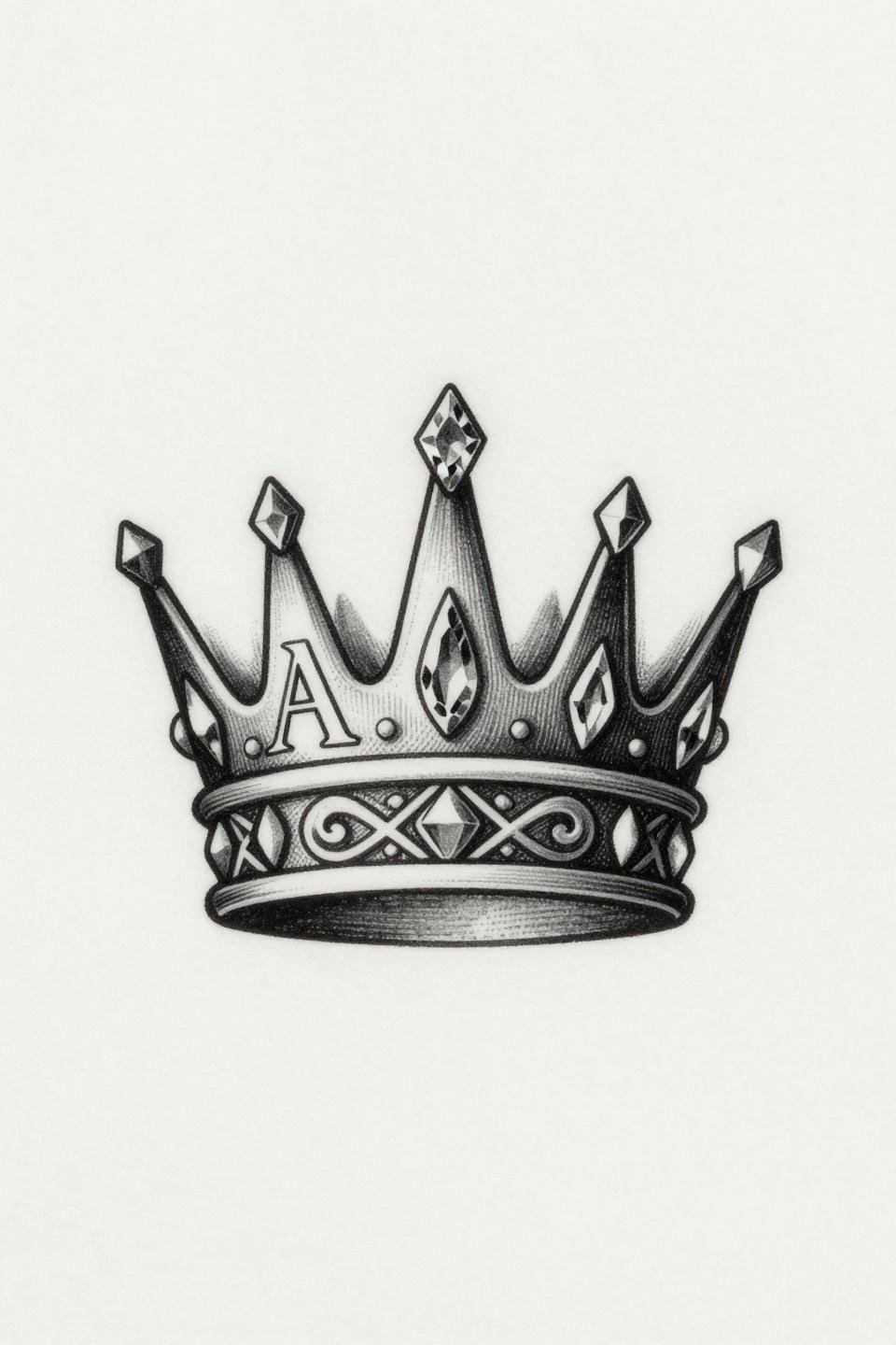 baddie tats woodcut crown flash, five-peak crown with filigree scrollwork, dense crosshatch engraving, serif letter integrated into peak outline, diamond composition