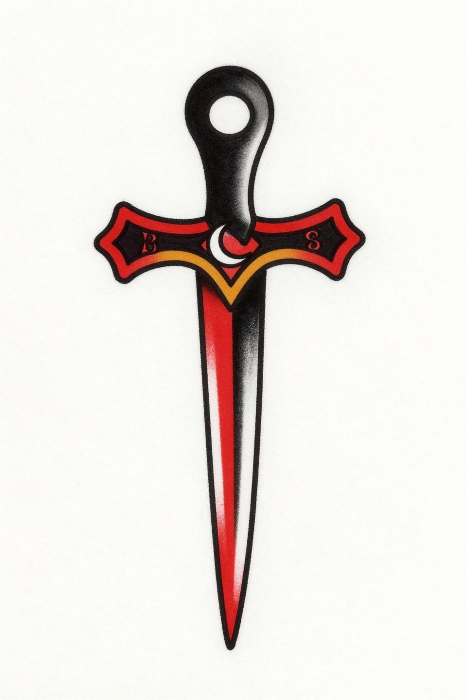 cute baddie tattoos old school sailor dagger flash, crimson red accent on solid black, crescent moon at blade midpoint, bold 2-3pt outlines, flat color fills