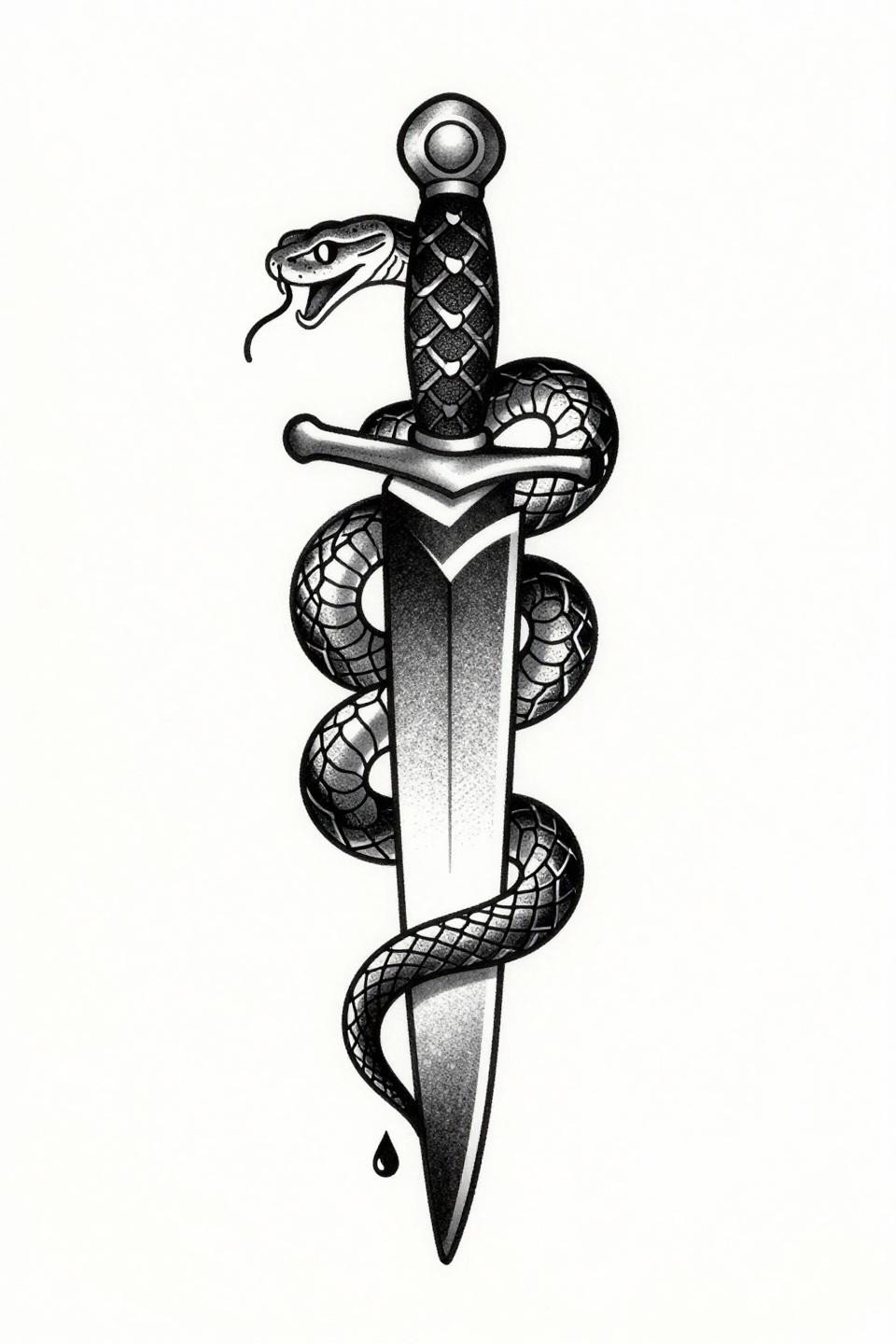 small baddie tats blackwork dotwork dagger serpent flash, coiling serpent with stipple cluster scales, forked tongue at hilt guard, teardrop blood tip, dense-to-open stipple gradient, centered composition