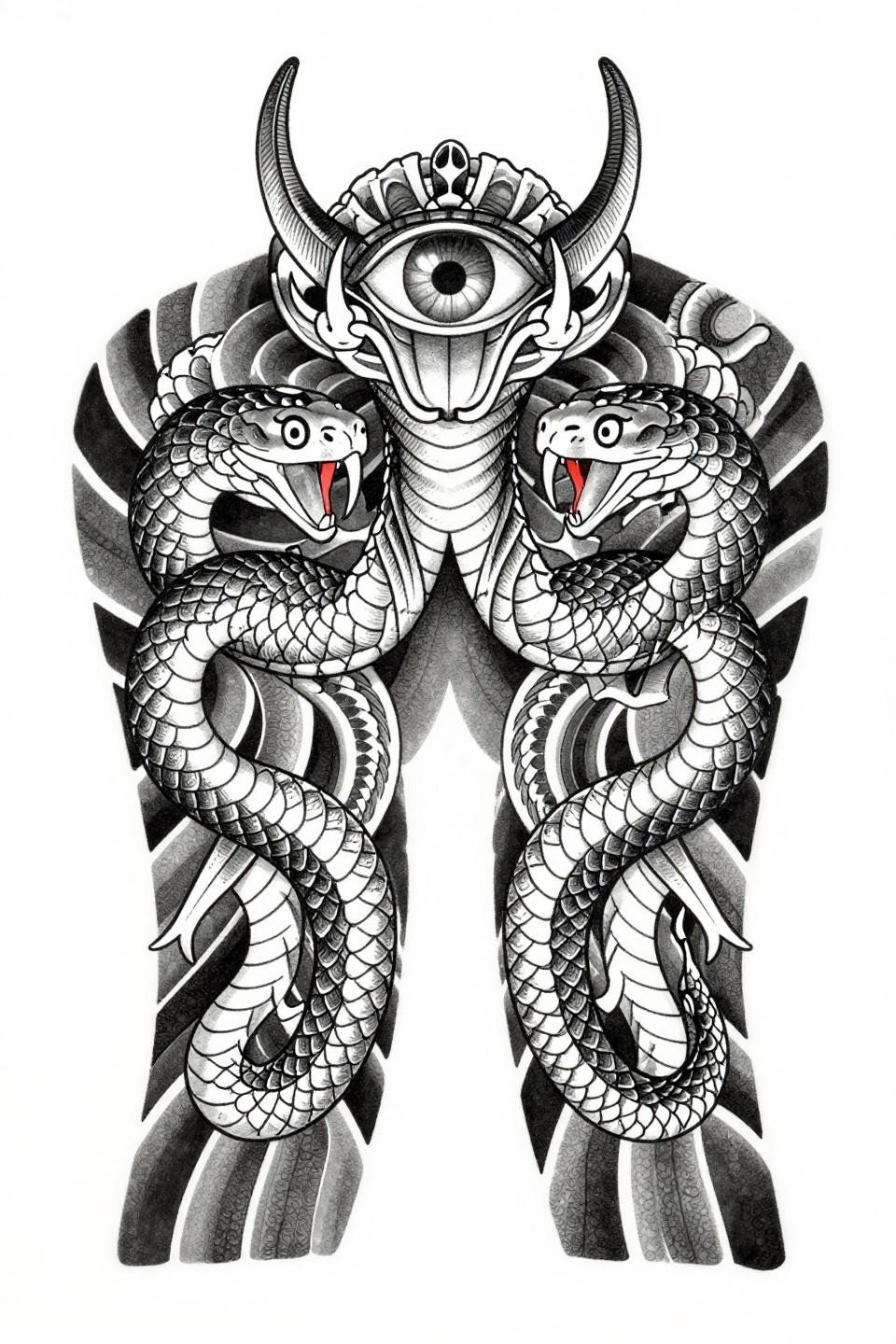 instagram baddie tattoos Japanese irezumi serpent crown flash, twin serpents in bilateral mandala formation, parallel line scale hatching, 0.5mm precision strokes, grey wash midtones, gemstone eye at apex