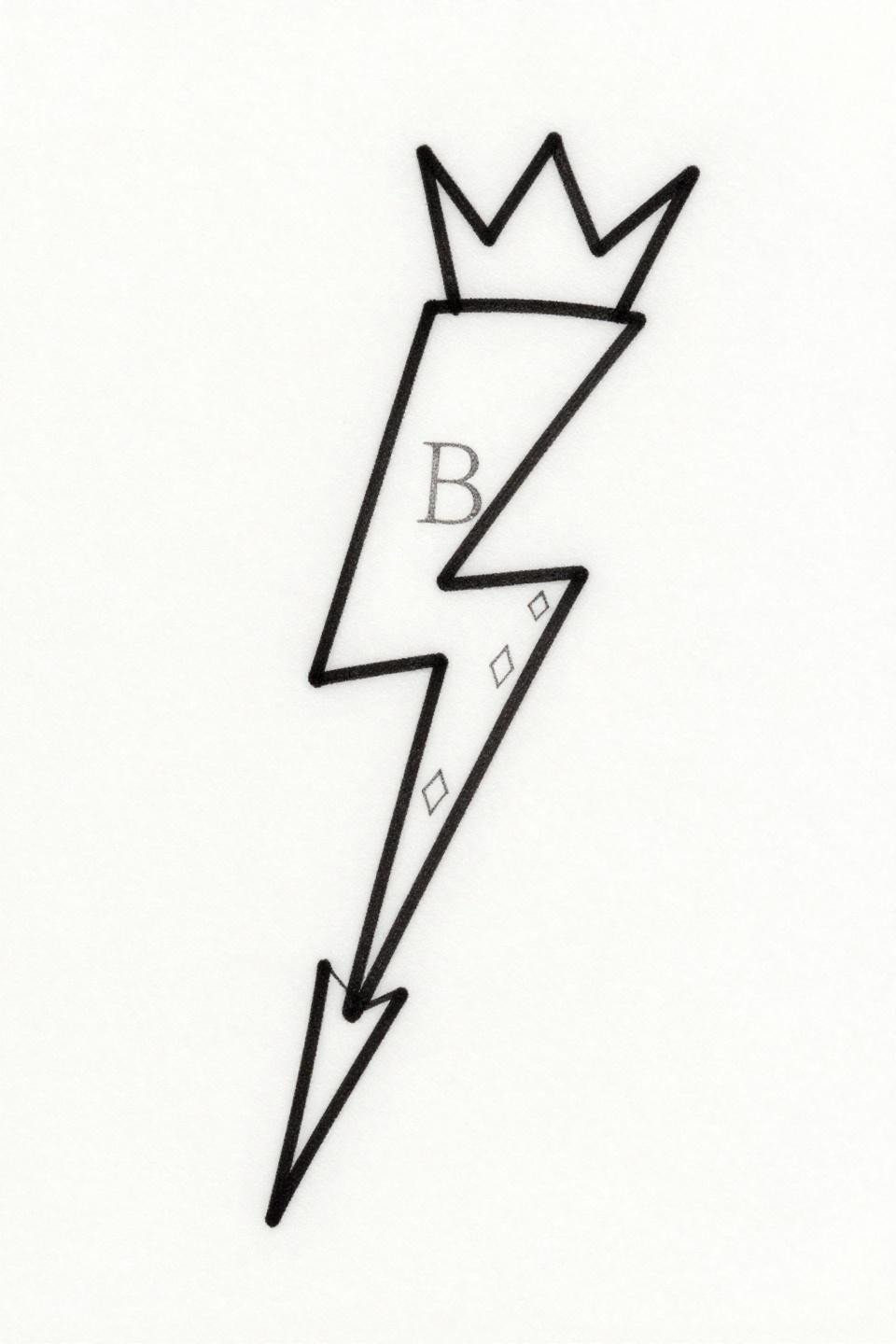 baddie sleeve tattoo single continuous line lightning bolt flash, 0.5mm hairline unbroken stroke, crown at apex, diamond negative space cutouts along bolt shaft, no fills no shading