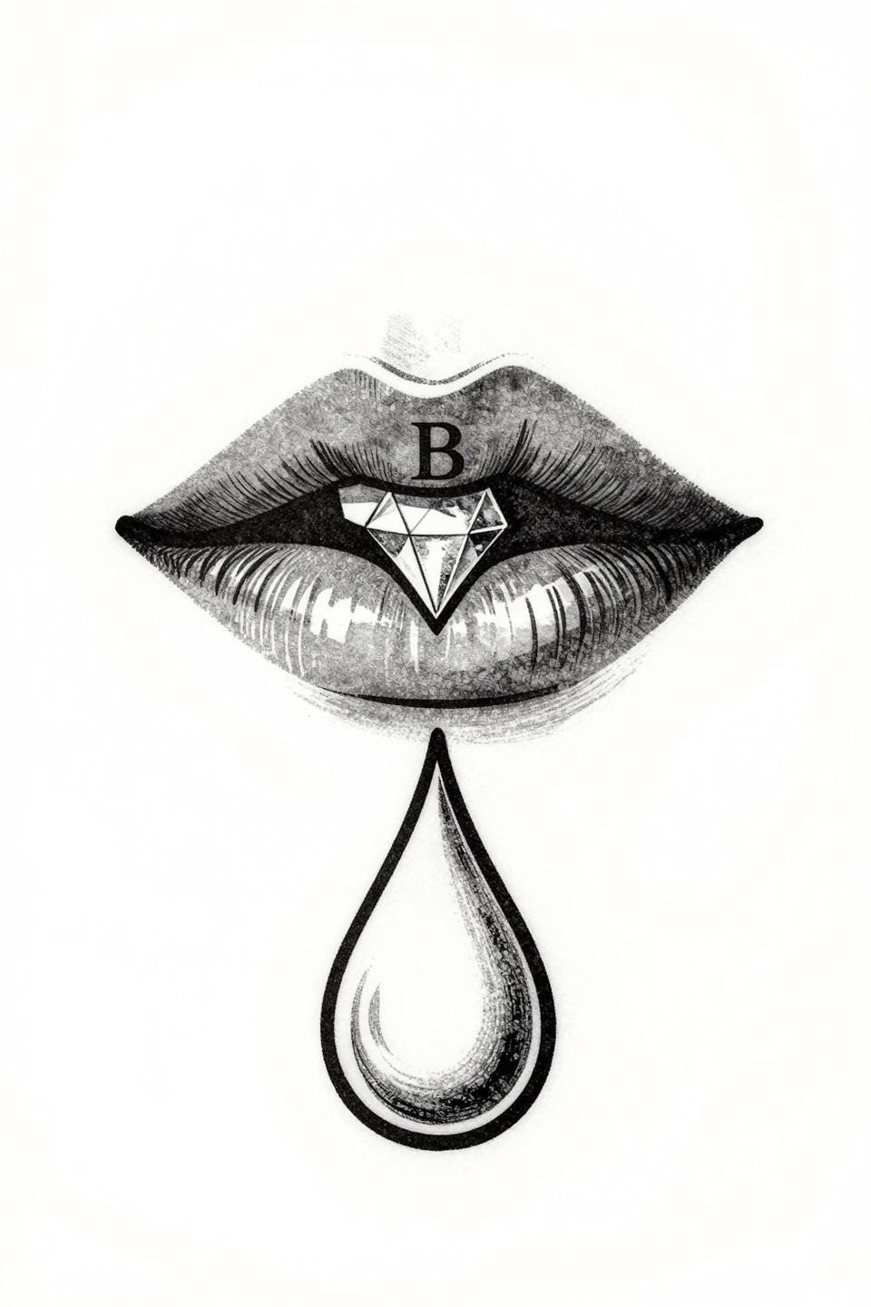 baddie tattoos arm woodcut lips flash, sharp cupid peak points, diamond cutout centered, crosshatch shadow depth, serif letter integrated into upper lip curve