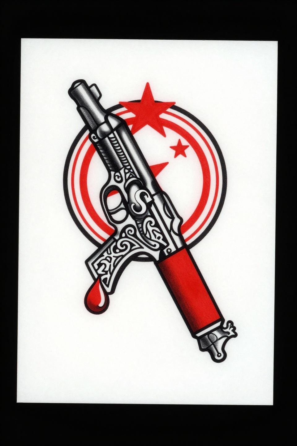 small baddie tattoos old school pistol flash, radiating star mandala halo frame, filigree trigger guard, crimson red and black flat fills, bold 2-3pt outlines, circular composition